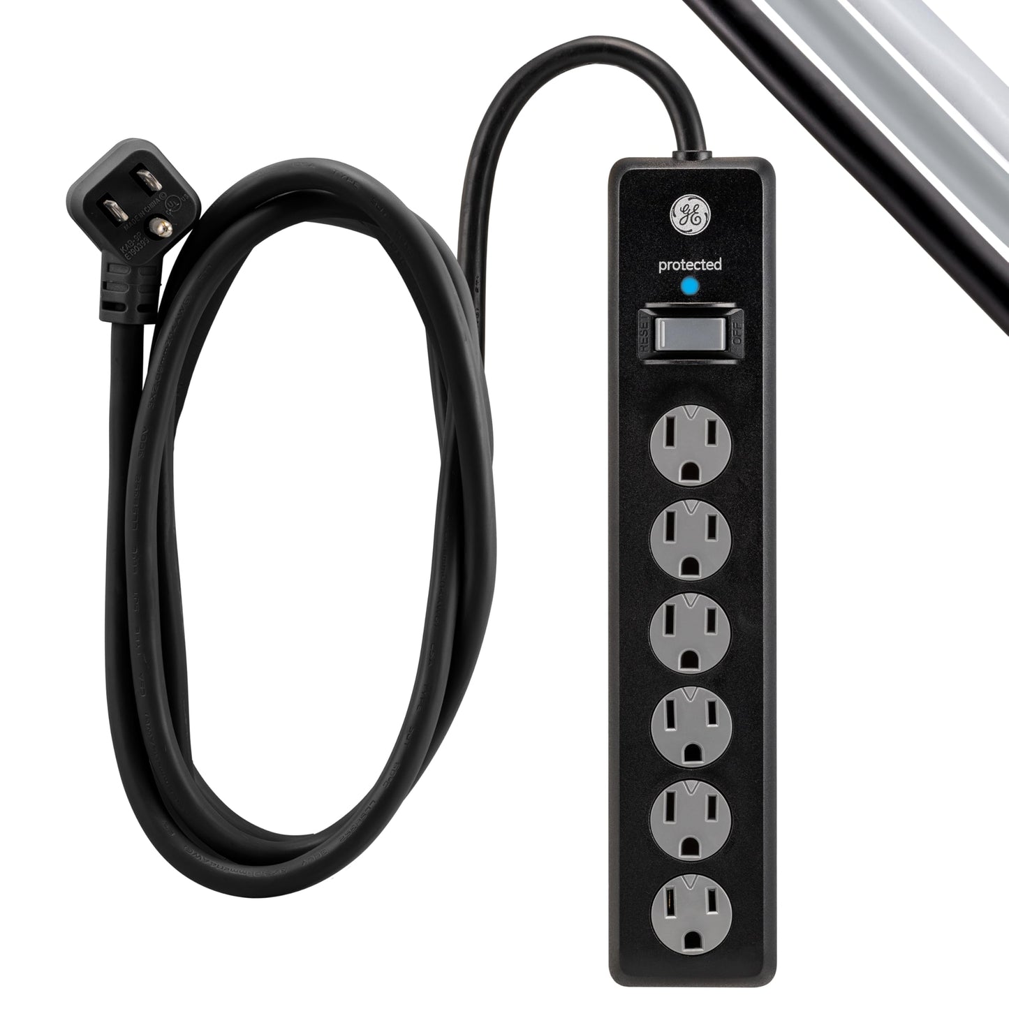 GE Tira Multicontactos De 6 Salidas Con Supresor De Picos Y Enchufe Plano, Cable De Extensión De 3.0 Metros (10 Pies), 600 Julios, Cubiertas De Seguridad Con Giro Para Cerrar, Negro, 2 Unidades, 54646