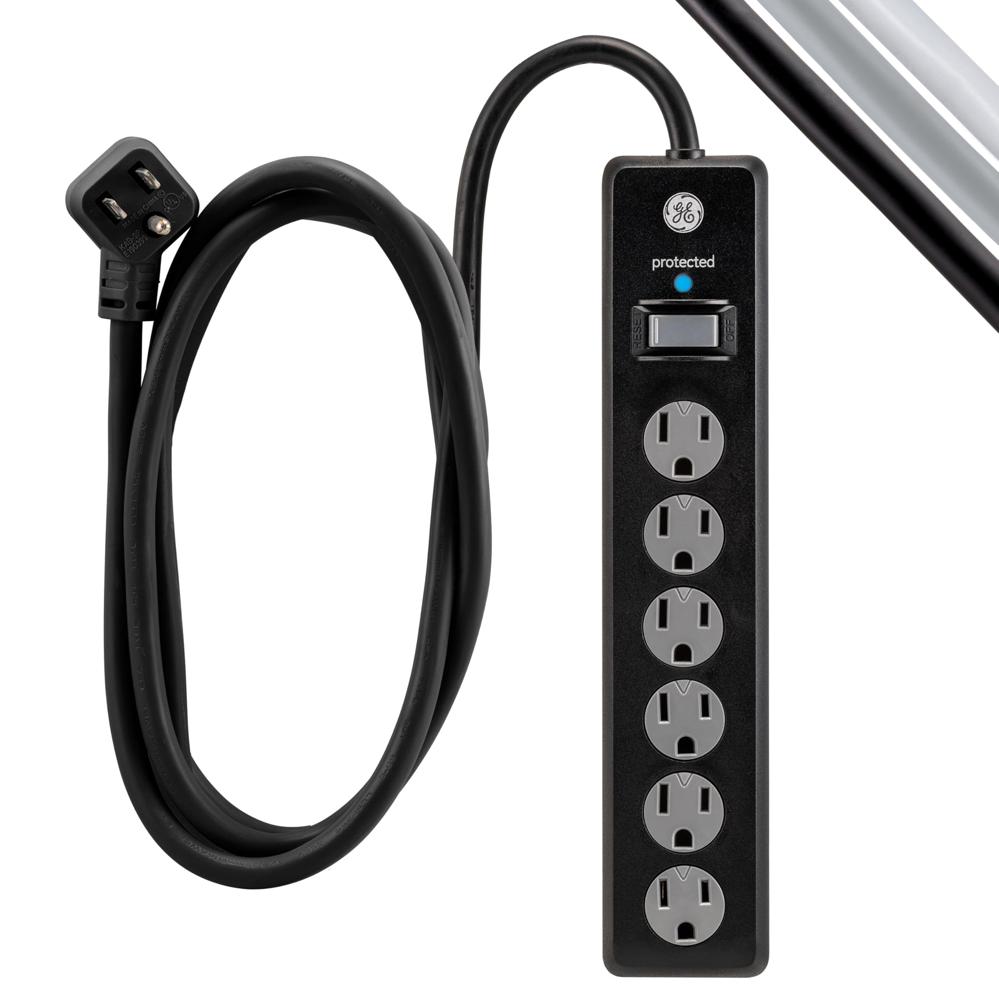 GE Tira Multicontactos De 6 Salidas Con Supresor De Picos Y Enchufe Plano, Cable De Extensión De 3.0 Metros (10 Pies), 600 Julios, Cubiertas De Seguridad Con Giro Para Cerrar, Negro, 2 Unidades, 54646