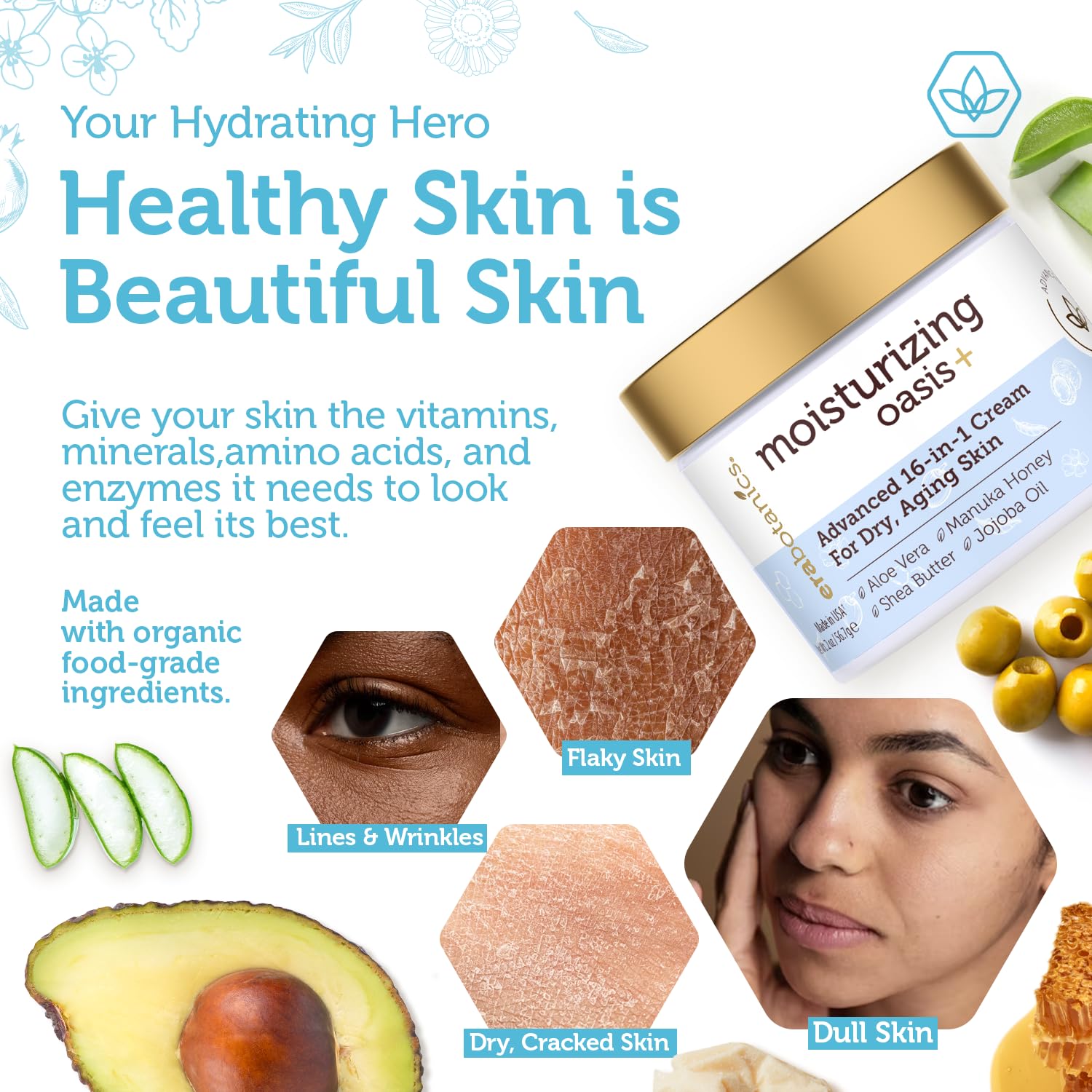 Rejuvenating Natural Face Moisturizer Cream - Extra Hydrating 16-in-1 Facial Cream For Dry Skin With Manuka Honey, Cocoa Butter, Avocado Oil, Jojoba Oil - pH Balanced Non Greasy Day & Night Cream