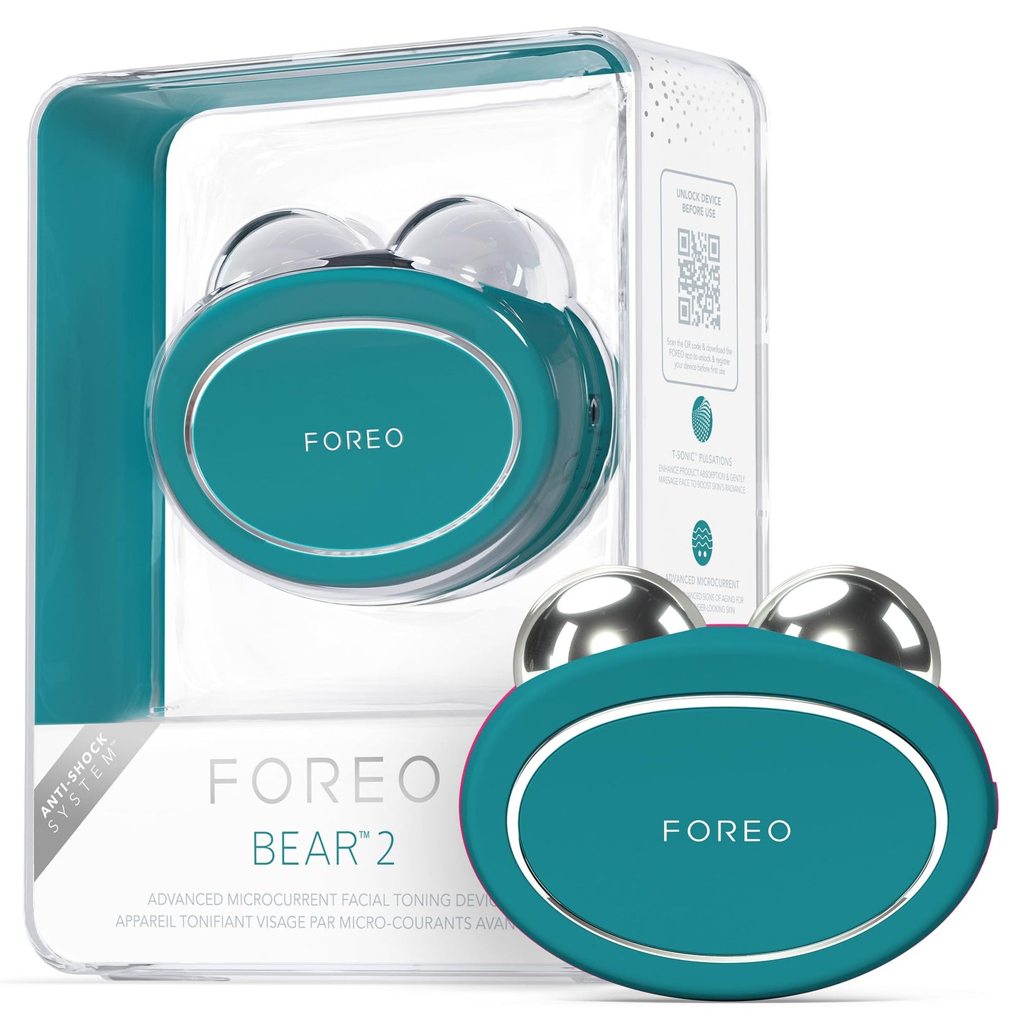 FOREO BEAR 2 - Tonificador facial de microcorrientes - Masajeador antiarrugas - Lifting facial inmediato - Reafirma y define - Mejora la absorción de las mascarillas - Evergreen