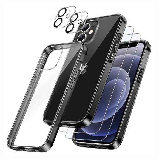 JETech 5 en 1 Funda para iPhone 12 Mini 5.4 Pulgadas con 2 Protector Pantalla y 2 Protector Lente Cámara, Mica Cristal Vidrio Templado Cobertura Completa, Carcasa Antigolpes (Negro)