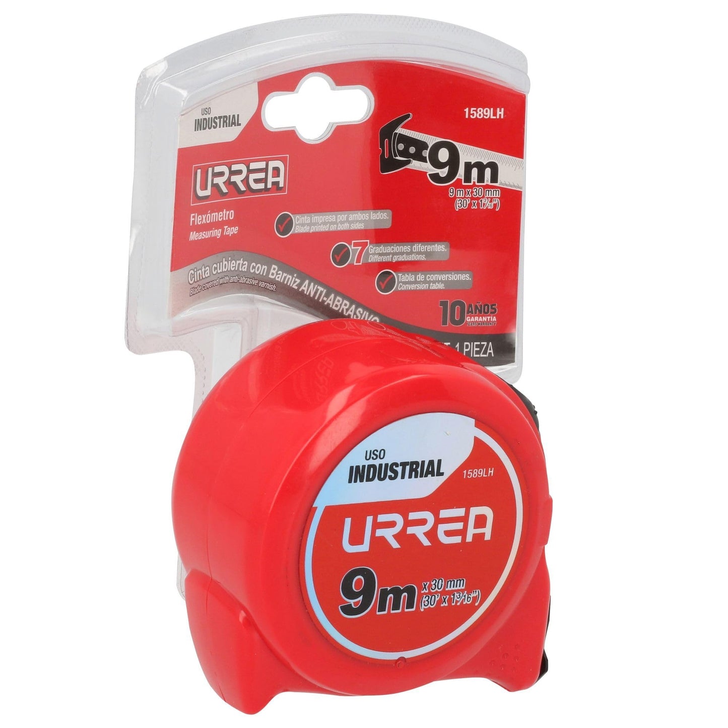 Flexómetro Industrial Urrea 1589LH con Hoja de Acero y Carátula de ABS TPR 9 M × 30 Mm 3 Remaches