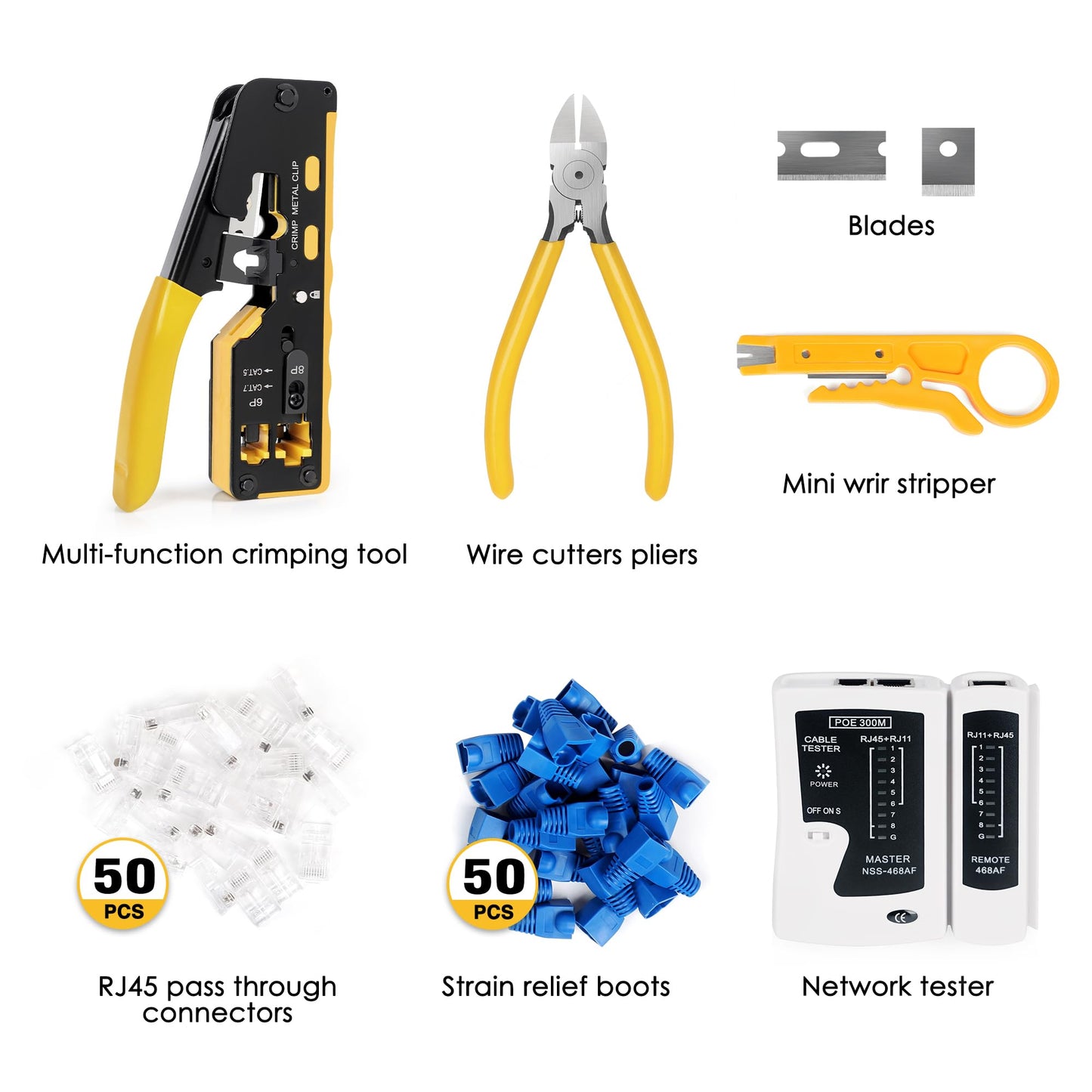 Kit de Herramientas de Crimpado Wakhow Negro con Probador y Accesorios para Ethernet Cat5 Cat6 Cat7