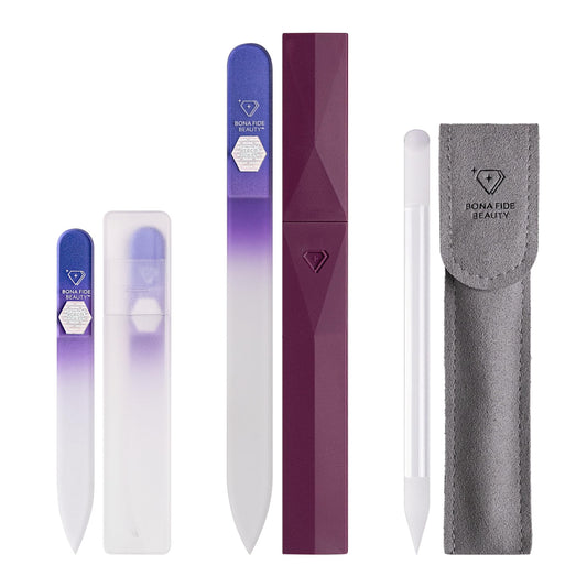 Bona Fide Beauty Crystal Nail Files - 3 Piece Violet Genuine Czech Glass Nail Files with Cases - Best Nail Files for Nail Care & Nail Art - Great Manicure & Pedicure Glass Fingernail Files
