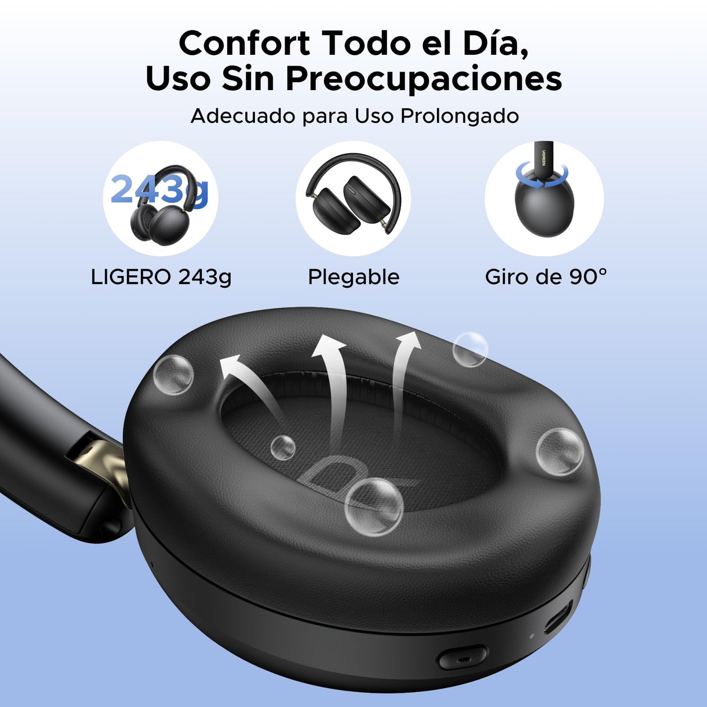 Audífonos Inalámbricos UGREEN Negruzco con Micrófono y Bluetooth 5.4, 40mm Controladores, 243g Ligero, 80 Horas de Reproducción, Gamer, Conexión Dual