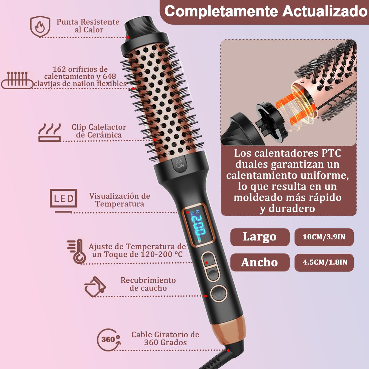 Cepillo Térmico Eléctrico Giratorio para Cabello Frizz-Free con Brillo añadido para Looks de Estilo Salón