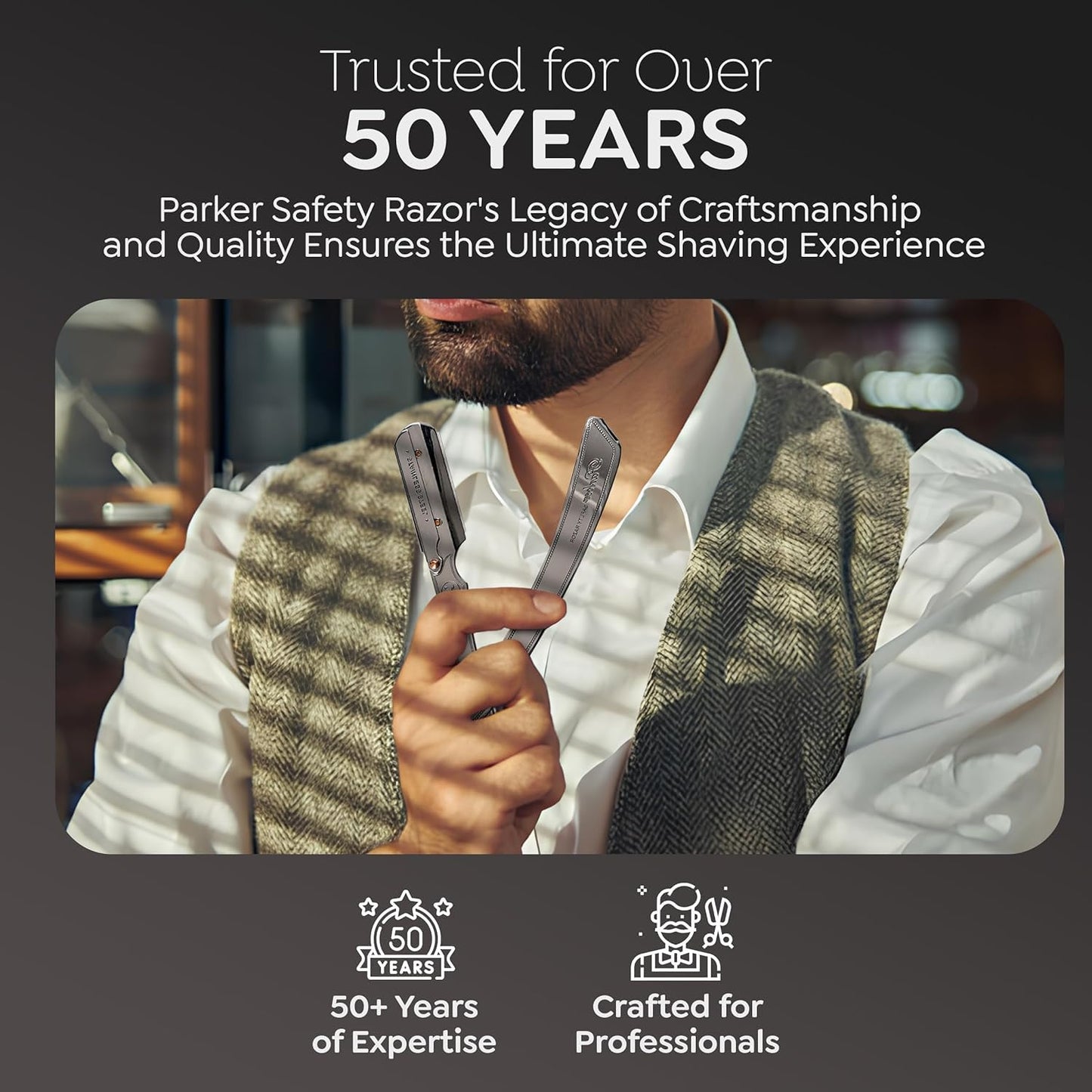 Parker SRX - Maquinilla de afeitar profesional de borde recto 100% acero inoxidable para hombres y 5 cuchillas Parker de borde recto premium – Diseñado para barberías y salas de afeitar