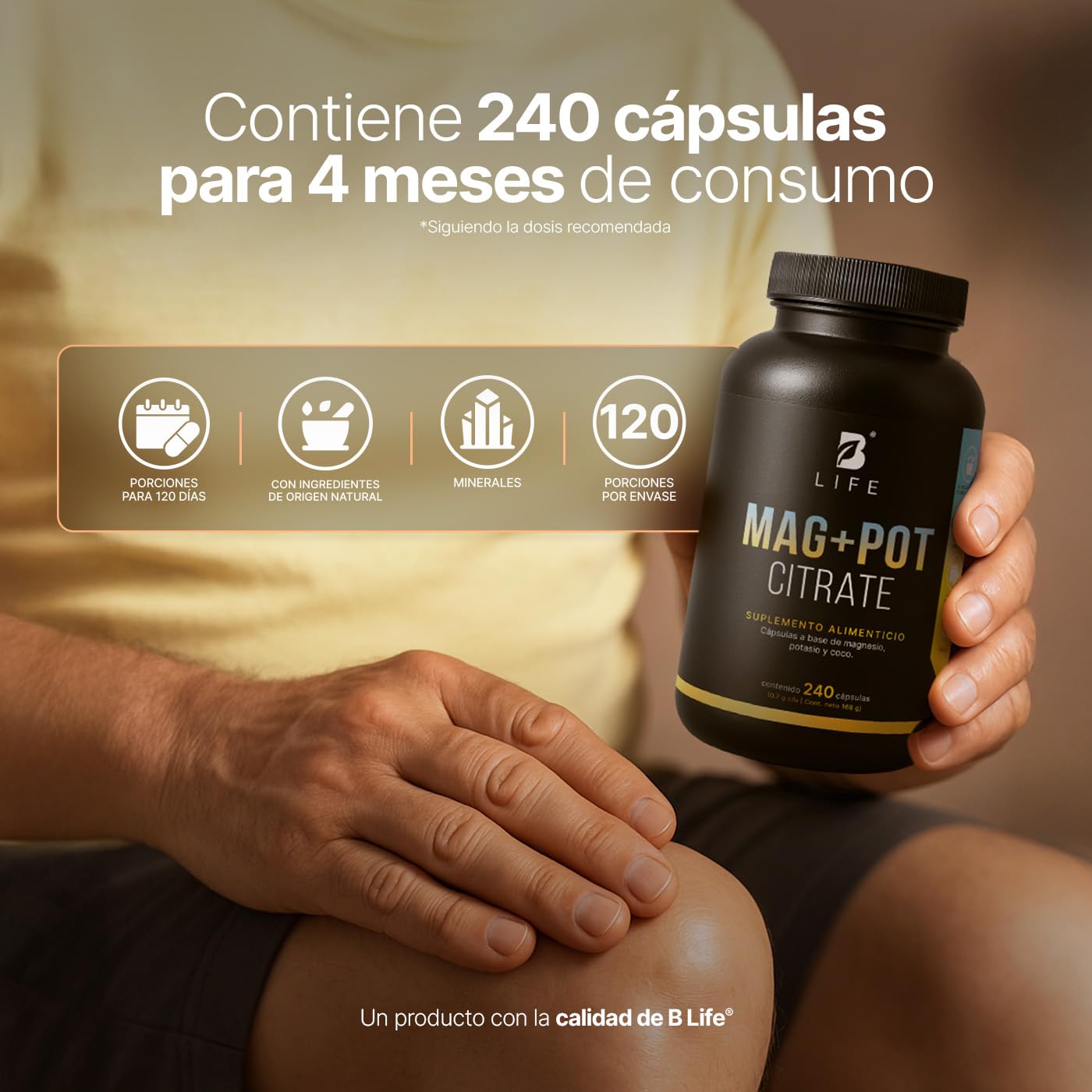 B Life Magnesio y Potasio | 240 Cápsulas | 1400 mg por porción | Adicionado con coco orgánico | Ingredientes naturales | Mag + Pot Citrate.