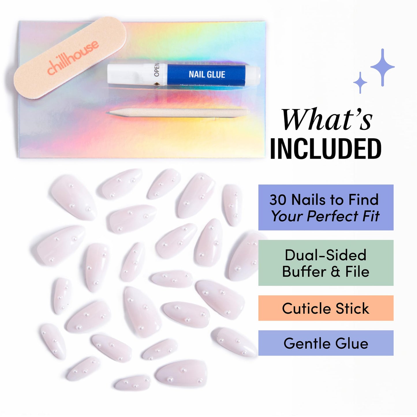 Chillhouse - Kit de uñas postizas Chill Tips - I Do Want Champagne (Almendra) - 30 formas y tamaños de uñas - Hasta 2 semanas de uso - Personalizable - Reutilizable - Fundada por latinas, propiedad de