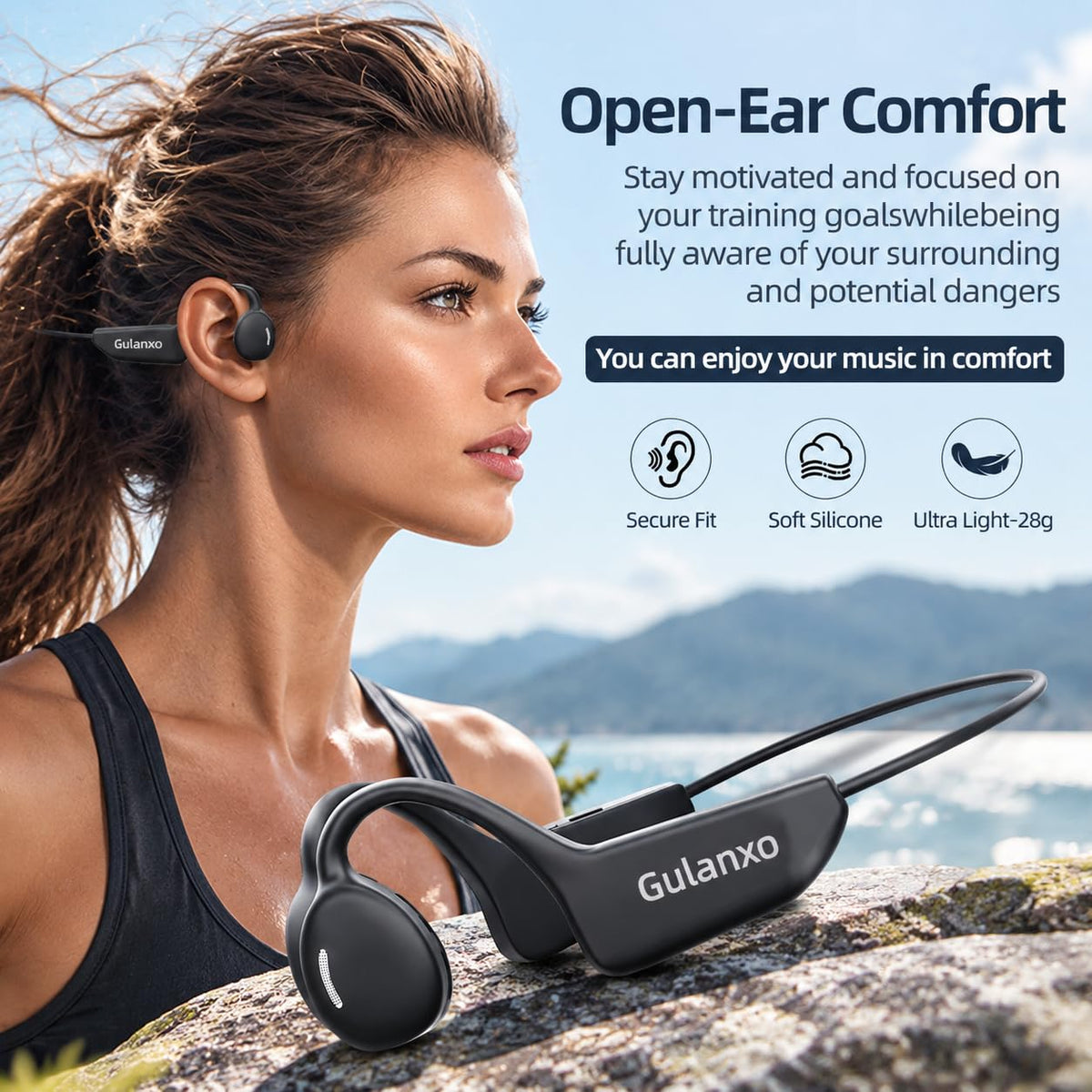 Auriculares Abiertos Gulanxo Negro con Bluetooth 5.3 y Micrófono Integrado para Deportes