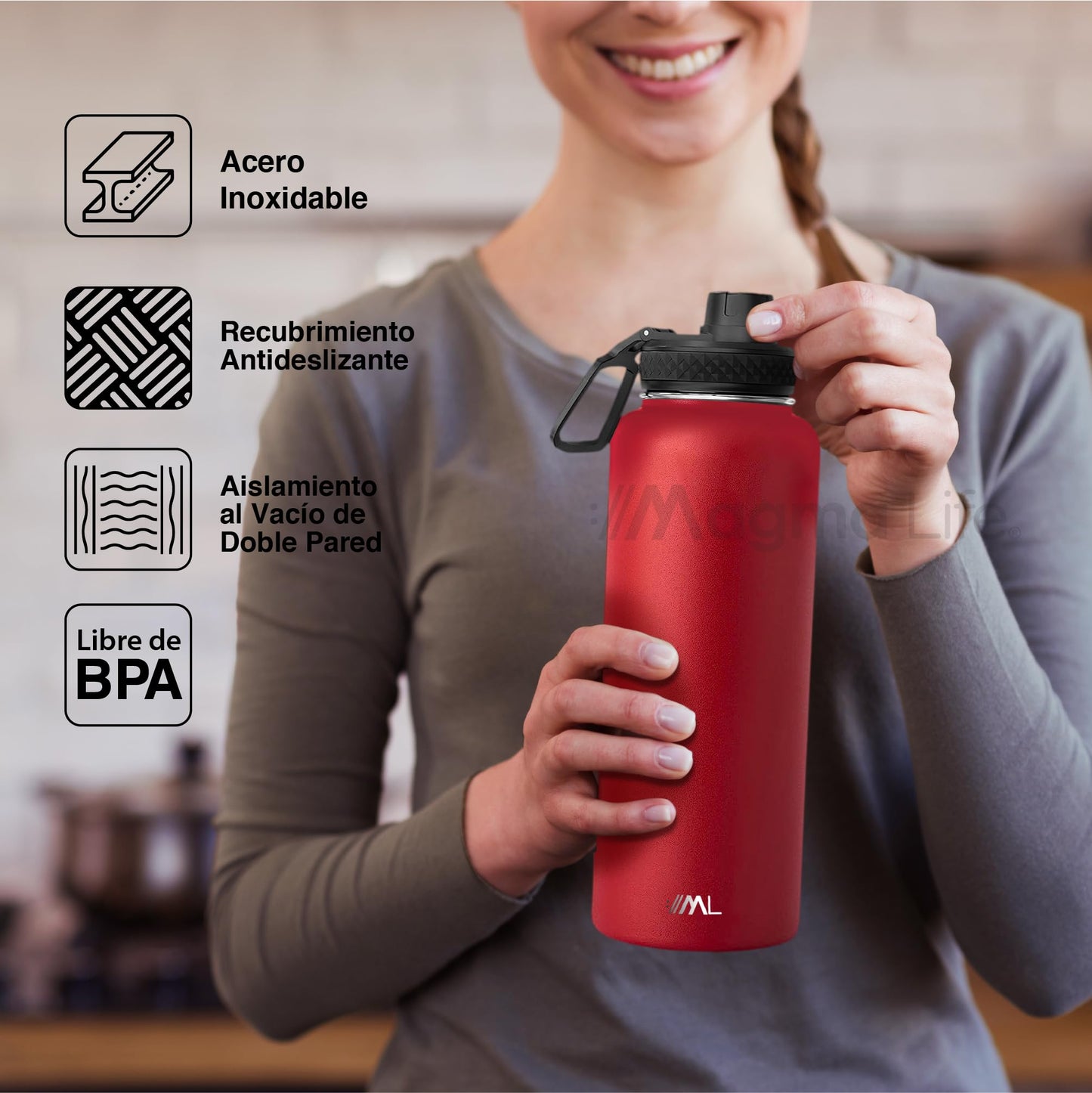 MAGMALIFE Termo de Acero Inoxidable 32 Oz (950 ml): Mantiene Caliente hasta 12 Horas y Frío hasta 24 Horas, Incluye 3 Tapas para Diferentes Bebidas, Rojo