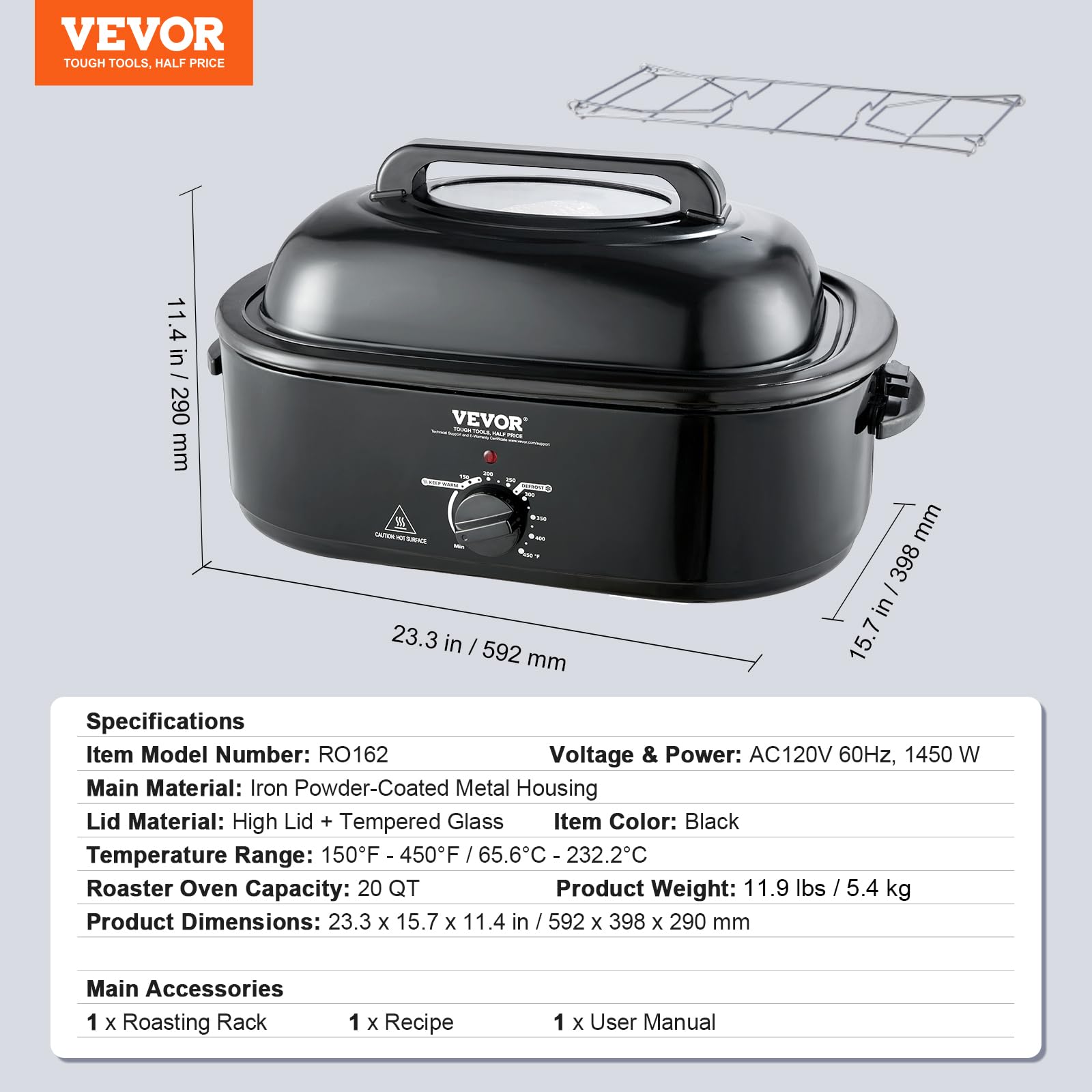 Horno Tostador Eléctrico VEVOR Negro Vidrio Templado 20 Cuartos 1450 W