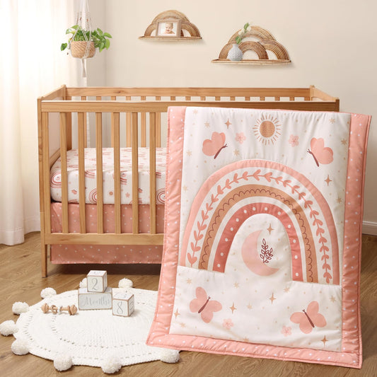 El juego de ropa de cama de 3 piezas The Peanutshell para bebé para niñas - Decoración de cama de recién nacida, bebé y niña con sábana ajustable para cuna, volante y edredón tipo comforter - Boho