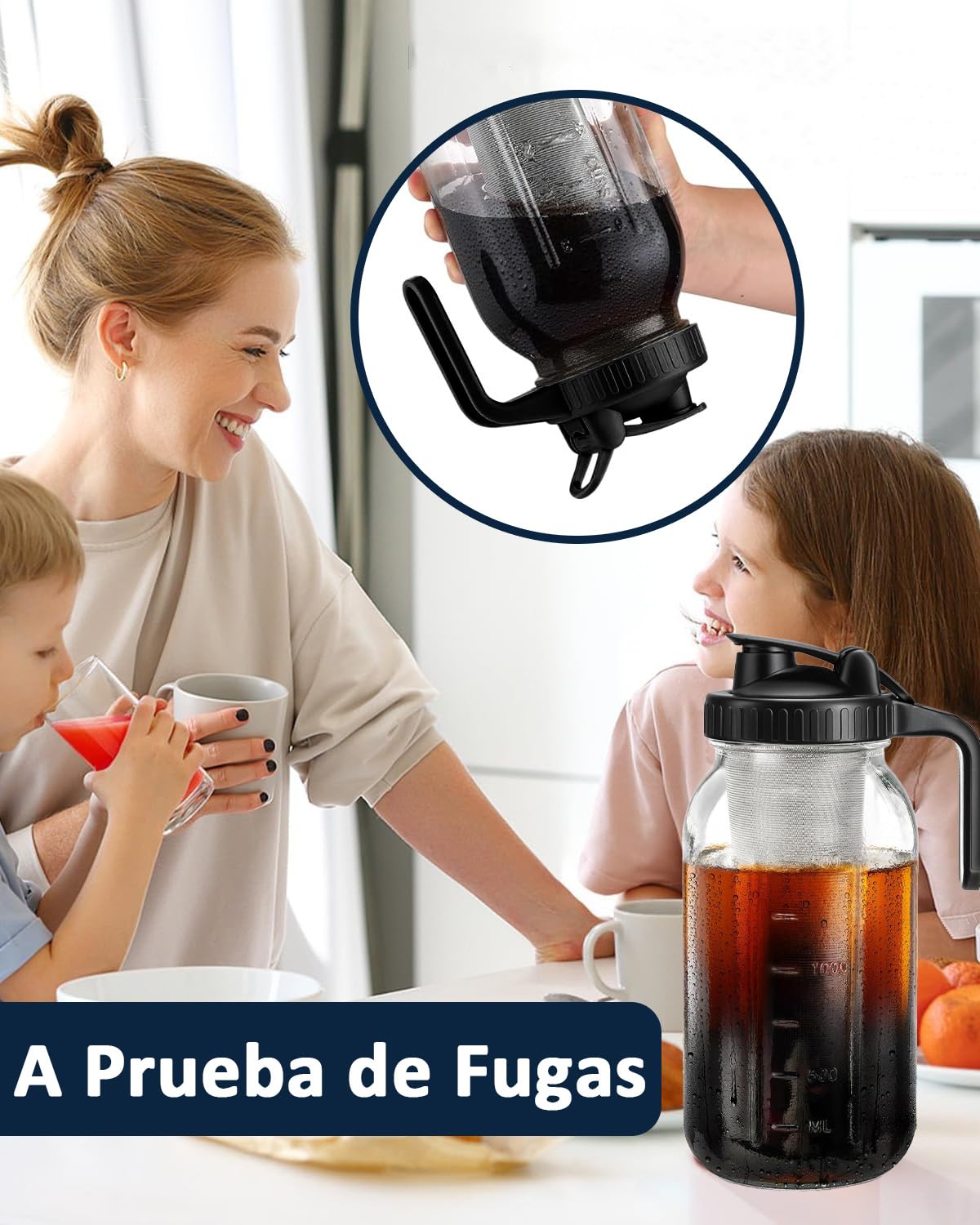 Cafetera Cold Brew Wexlerey Vidrio 64oz Hermética y a Prueba de Fugas con Filtro de Acero Inoxidable para Café, Té y Bebidas de Frutas