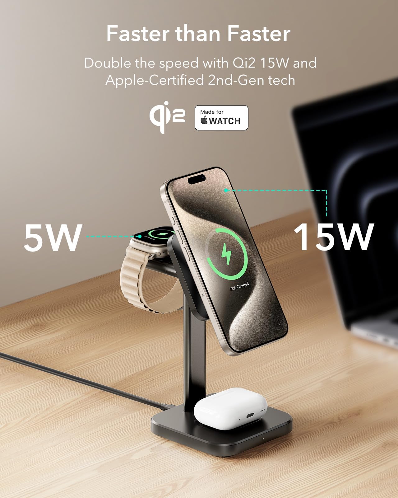 ESR Qi2 estación de carga inalámbrica 3 en 1, [certificado] cargador Apple Watch y cargador Qi2 MagSafe de 15 W para iPhone, cargador inalámbrico para múltiples dispositivos iPhone 16/15/14/13 y reloj