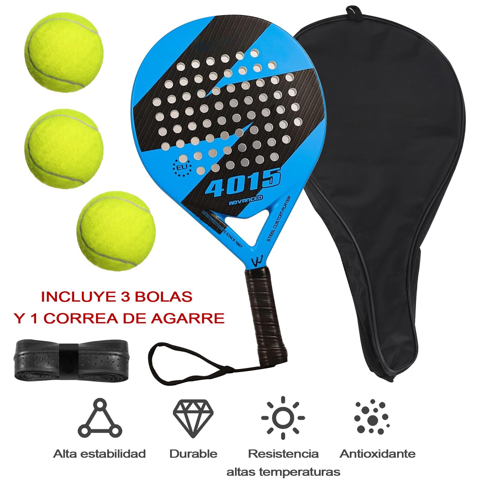 KUEIY Pala de pádel con Funda, con 3 Bolas y Grip, sándwich de Espuma EVA, Fabricada en Fibra de Carbono, Apta para Jugadores Principiantes e intermedios (Azul)