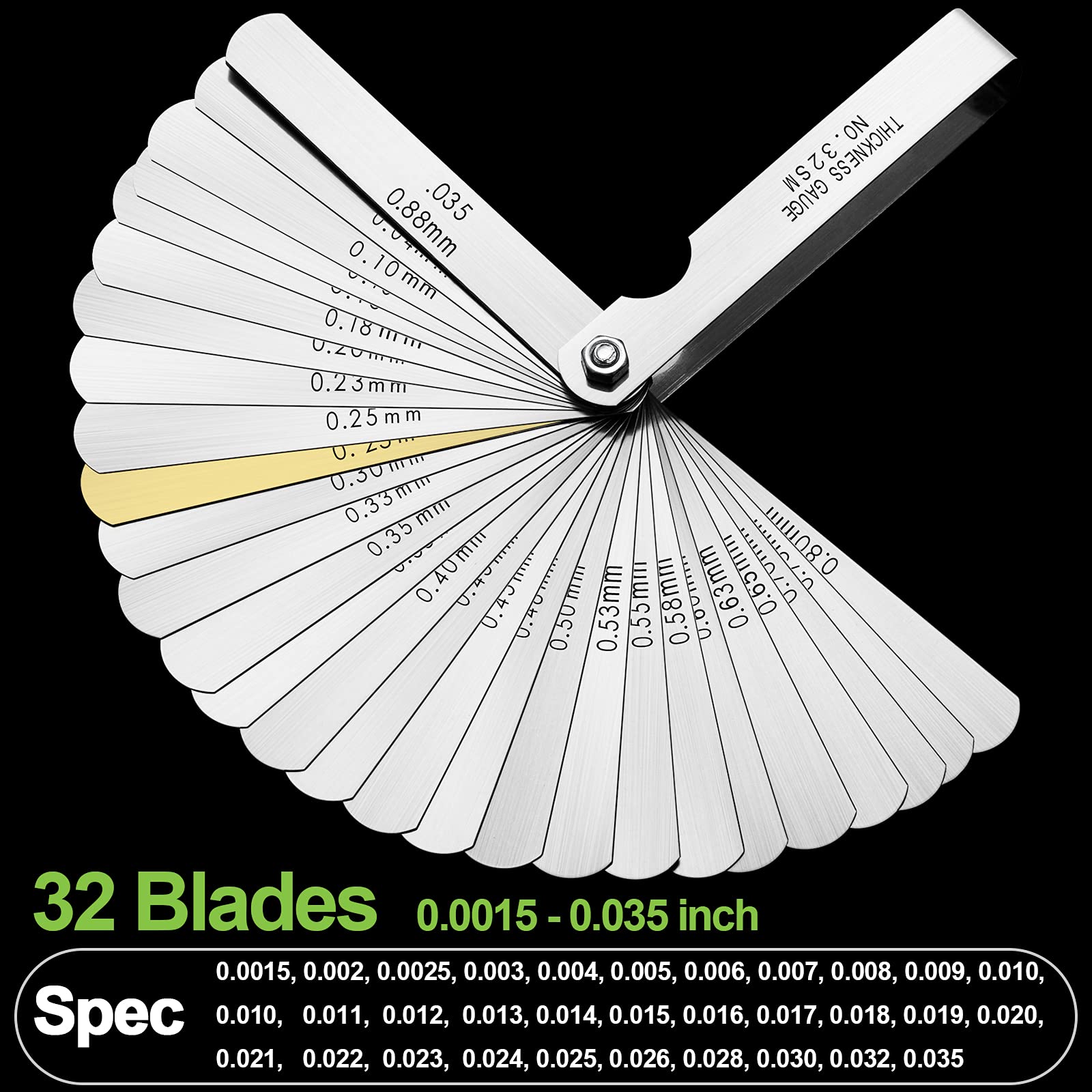Spurtar - Medidores de sensor de 32 cuchillas de 0.0015-0.035 pulgadas (0.04-0.88 mm) de acero inoxidable para medir el ancho y el grosor del hueco para guitarra, bujía, pistón medido