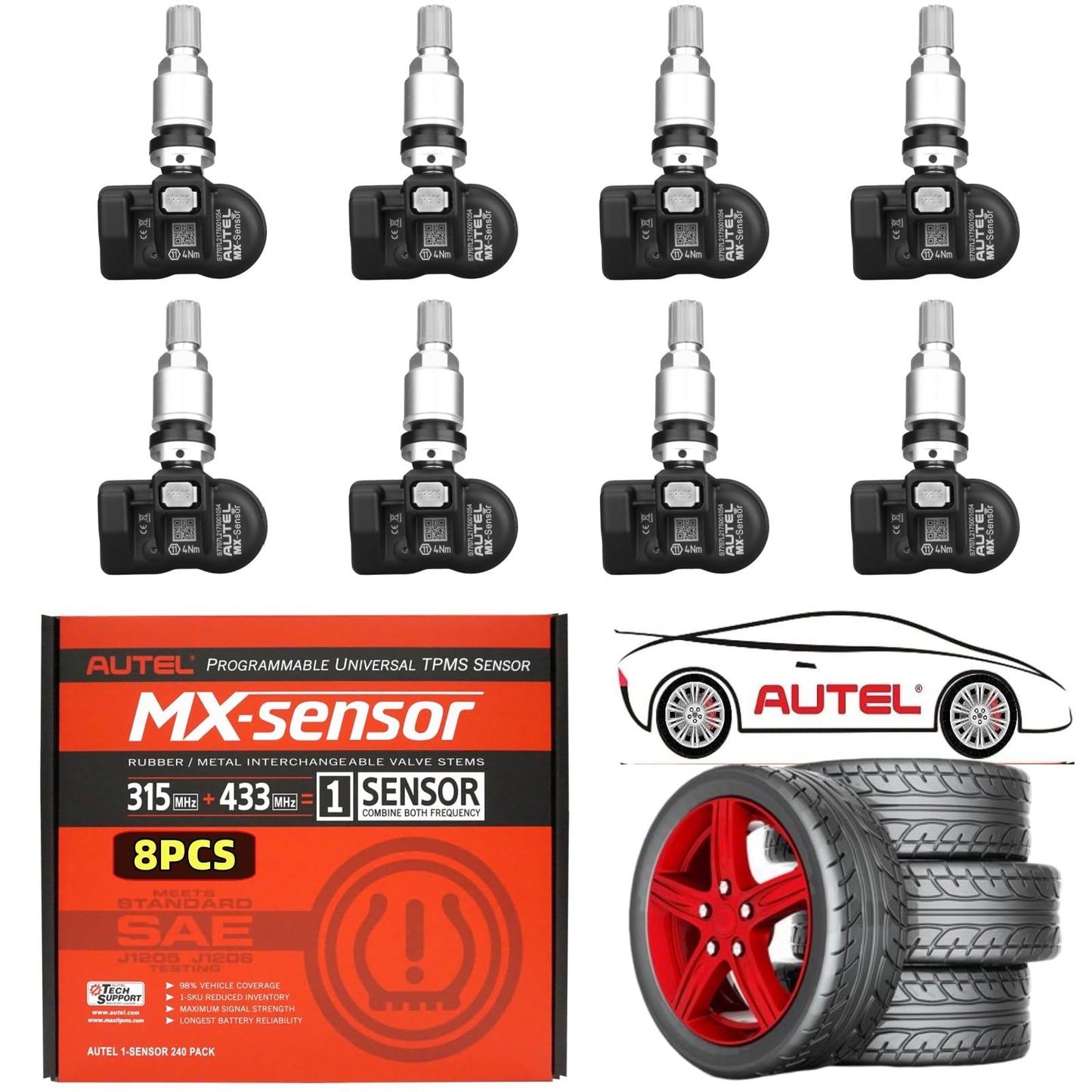 Autel MaxiTPMS MX - Sensor 8 unidades de tallo de metal 315/433MHz TPMS Sensor universal de neumáticos programado por TPMS Tool TS401 TS408 TS501 TS508 TS601 TS608 MK808TS MX808TS MS906TS ITS600