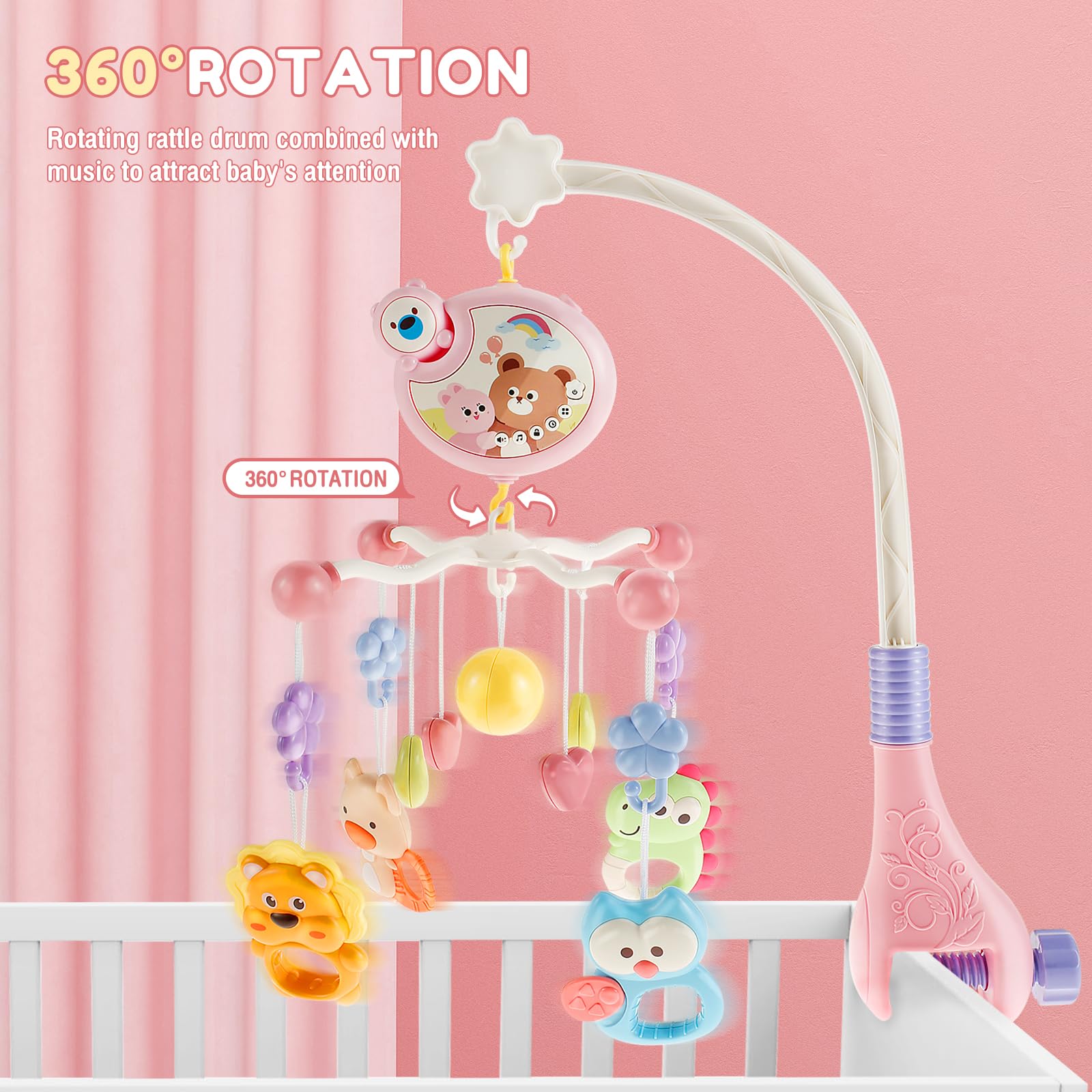 Móvil para cuna musical, juguetes colgantes para cuna con música y luces nocturnas, móvil para cuna de bebe rotación de 360° para bebé, regalo para recién nacidos (rosa)