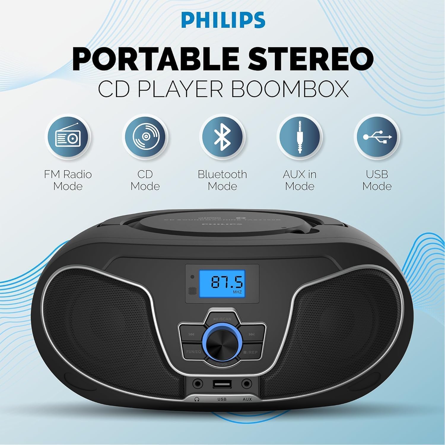 Philips Reproductor de CD Boombox, refuerzo de graves dinámico con Bluetooth, radio FM, reproducción USB y entrada AUX, Boombox portátil de carga superior, sonido estéreo claro, compatible con RW/MP3