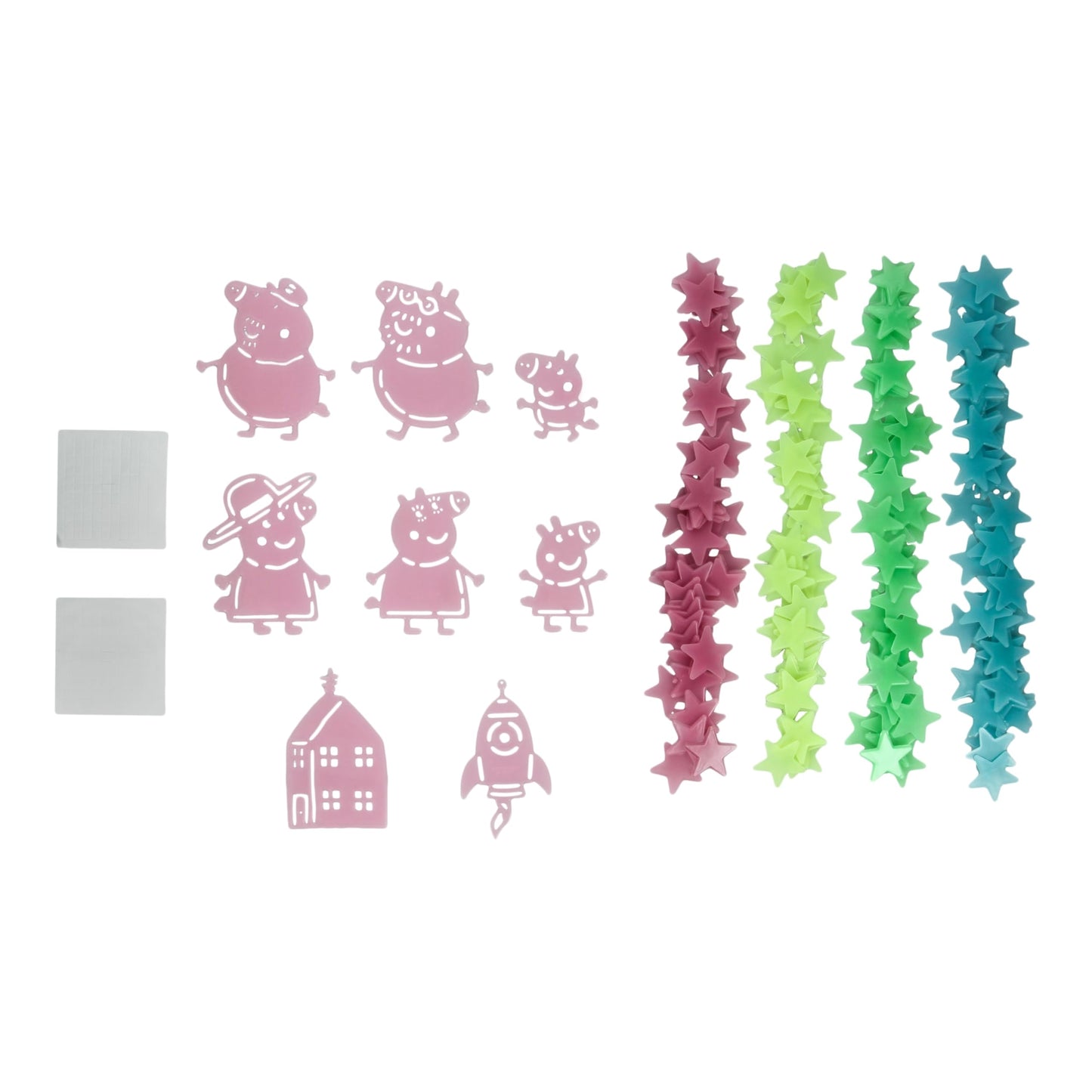 Peppa Pig - Calcomanías de pared que brillan en la oscuridad, decoración de dormitorio con licencia oficial, incluye 200 estrellas, 6 personajes, cohete y casa, accesorios para habitación de niños