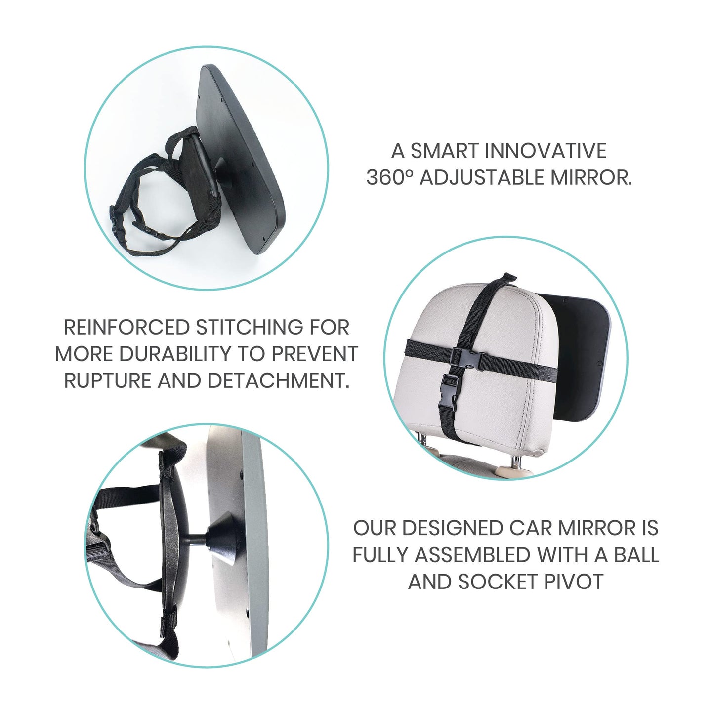 Lulyboo Espejo de bebé grande para coche con rotación de 360°, espejo de asiento trasero ajustable, color negro