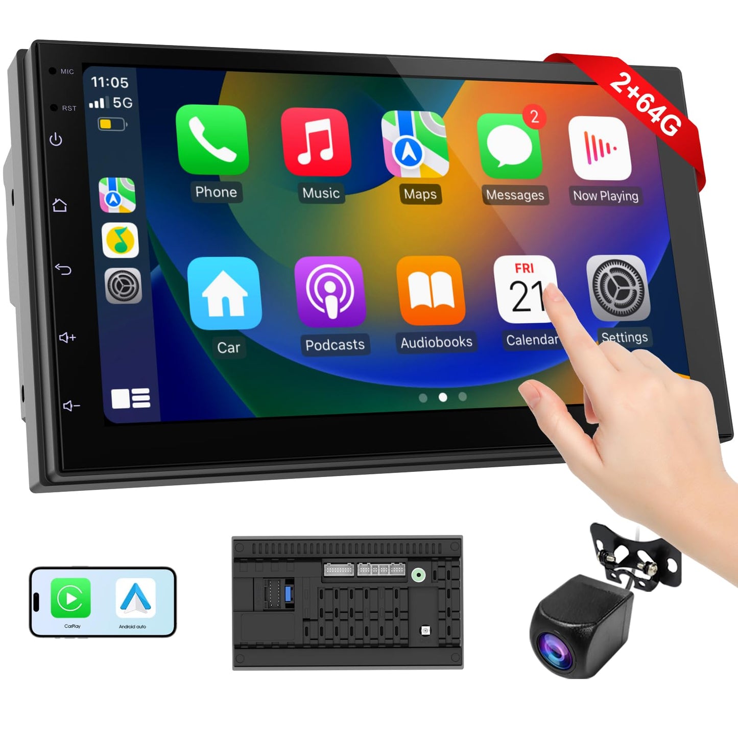 Haudio CarPlay - visualización inalámbrica para Coche y Android Auto Head Unit - visualización táctil de 7 Pulgadas Doble DIN estéreo (2+64GB)