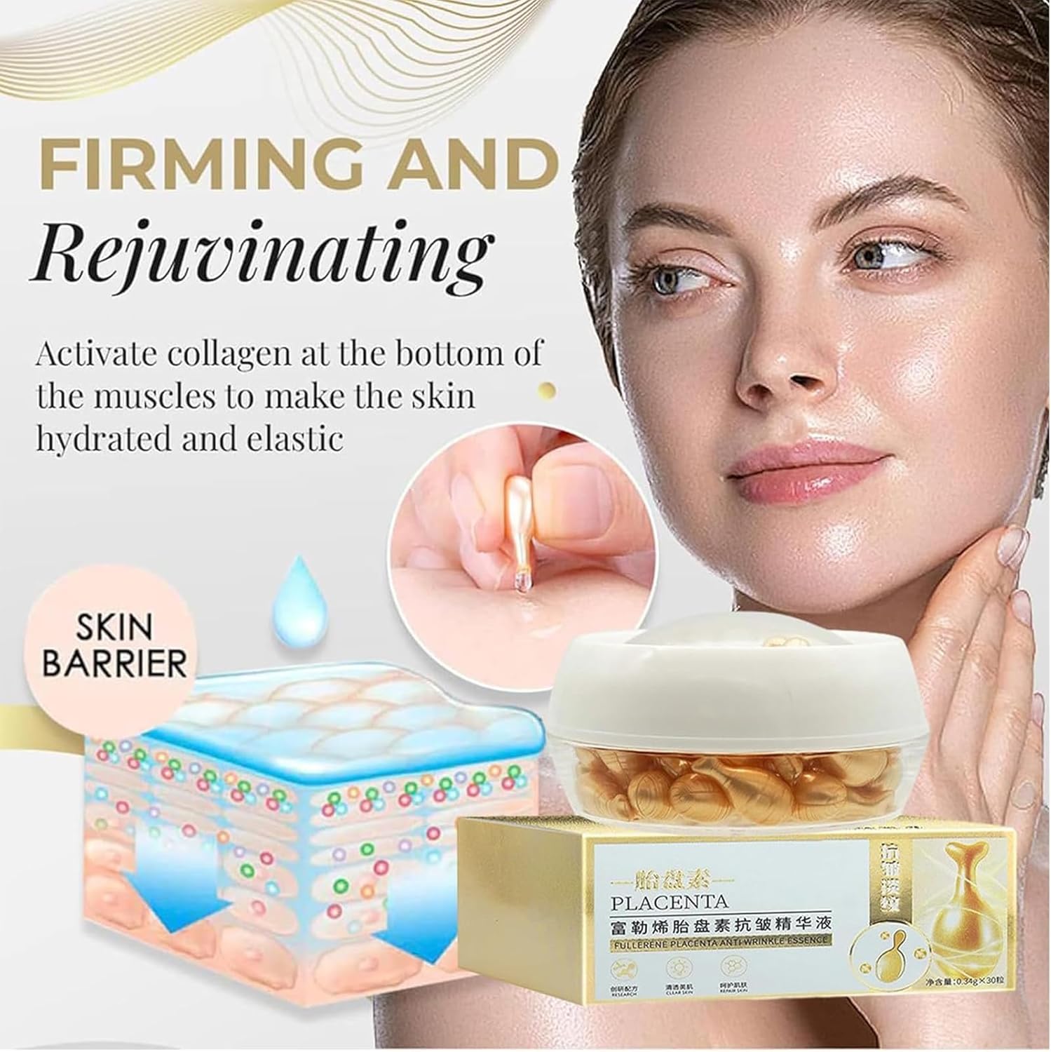 Fullerene Placenta Anti-Aging Capsules with Collagen Serum - Rejuvenate Skin for Youthful Glow | Fullerene Essence Skin Care Set - 2 Boxes