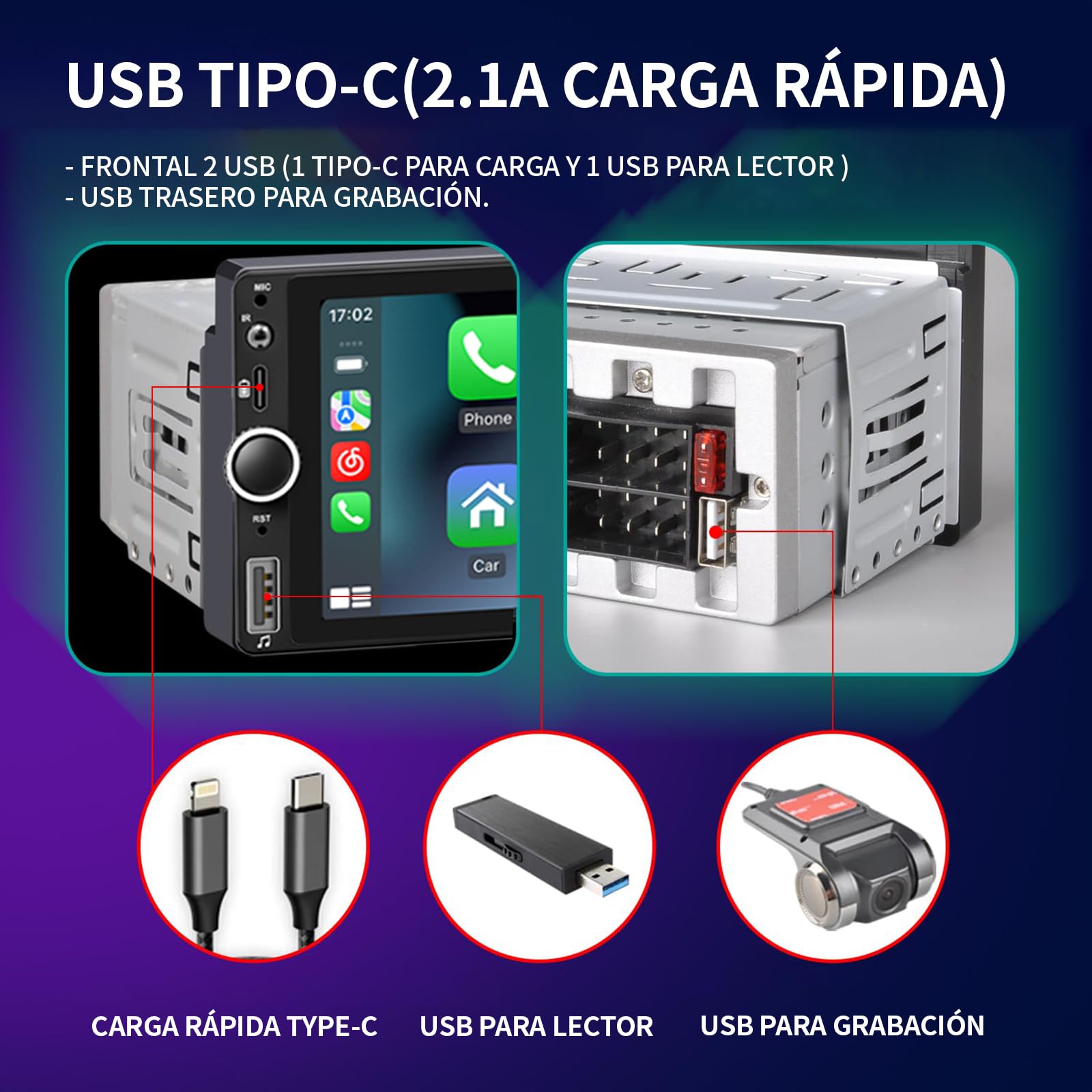 FINYQBET 1 DIN Auto Estéreo Radio de Coche Compatible con Apple CarPlay Android Auto USB Tipo C, visualización táctil de 6.9 Pulgadas, Enlace de Espejo, cámara de Respaldo Bluetooth DSP