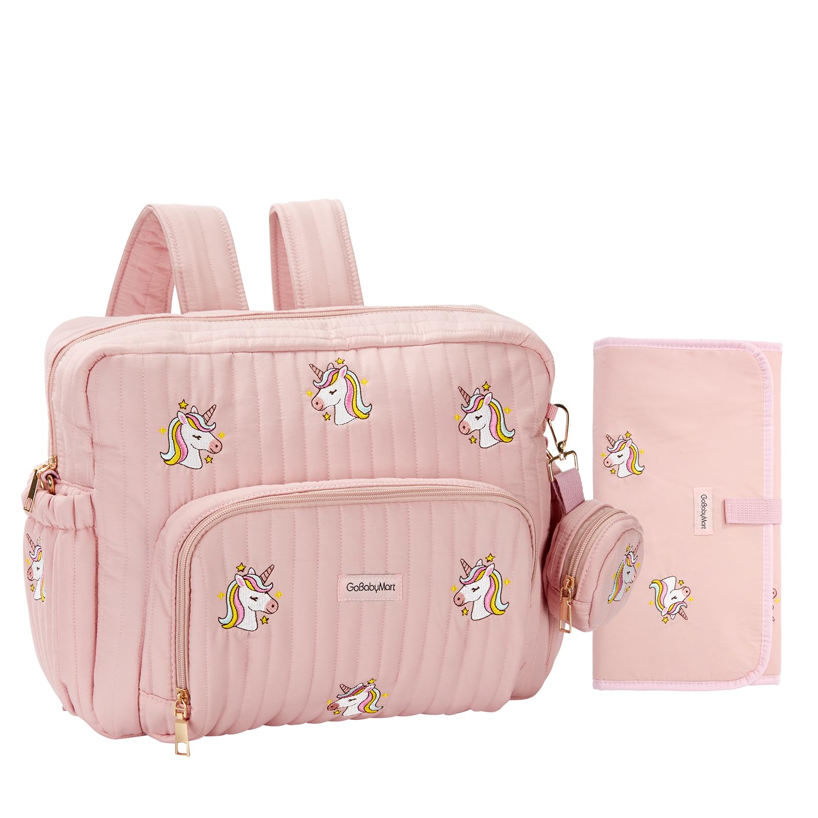 GOBABYMART - Mochila para pañales con cambiador, bolsa de viaje para bebé, bolsillos aislados para botellas, correas para carriola (medianas, unicornios rosas)