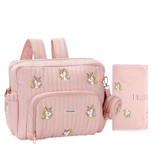 Mochila para Pañales GOBABYMART Unicornios Rosas con Cambiador y Bolsillos Aislados