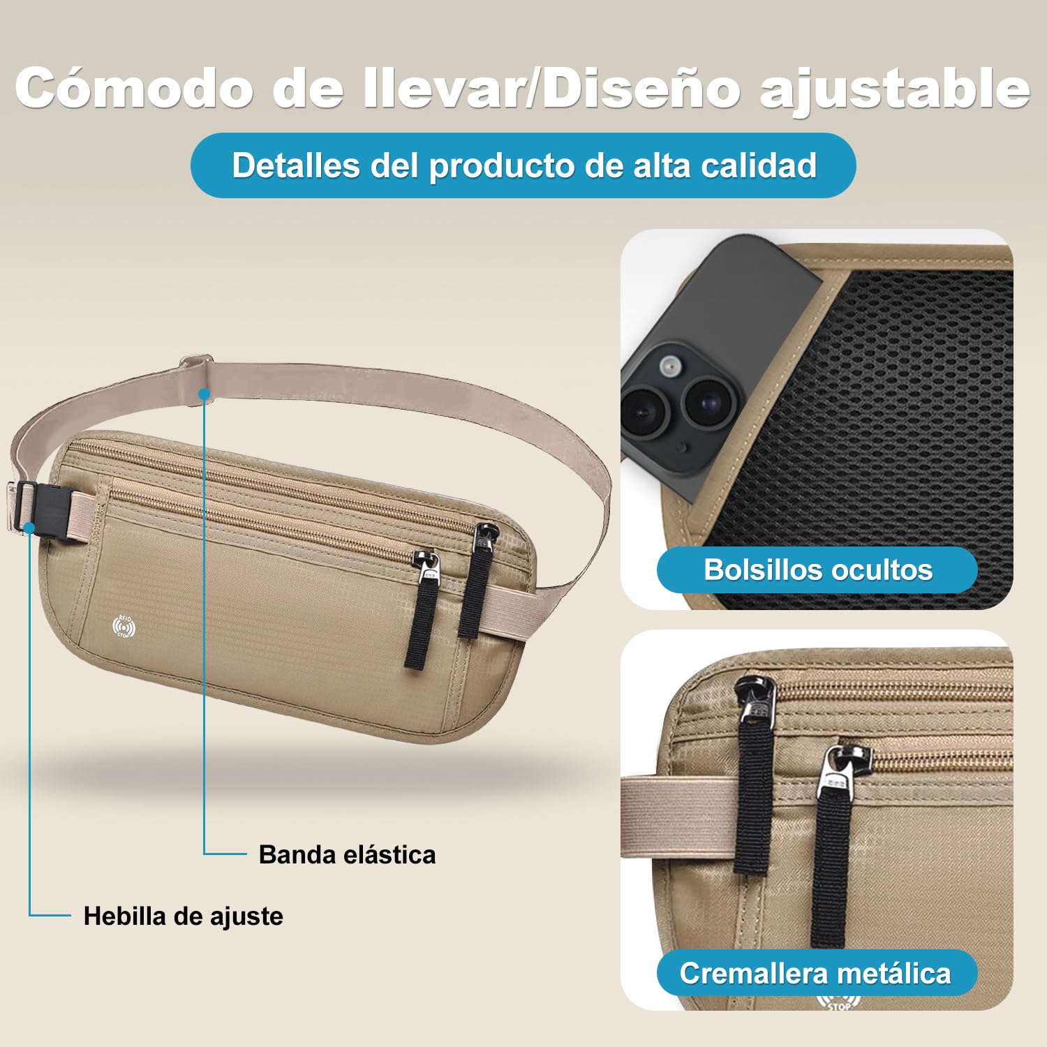 Cinturón de Viaje con Tecnología Bloqueo RFID, Cangurera Mujer y Hombres con Soporte Delgado para Pasaporte y Cremallera Invisible, Riñonera para Viaje, Deporte, Running, Ejercicio (Caqui)