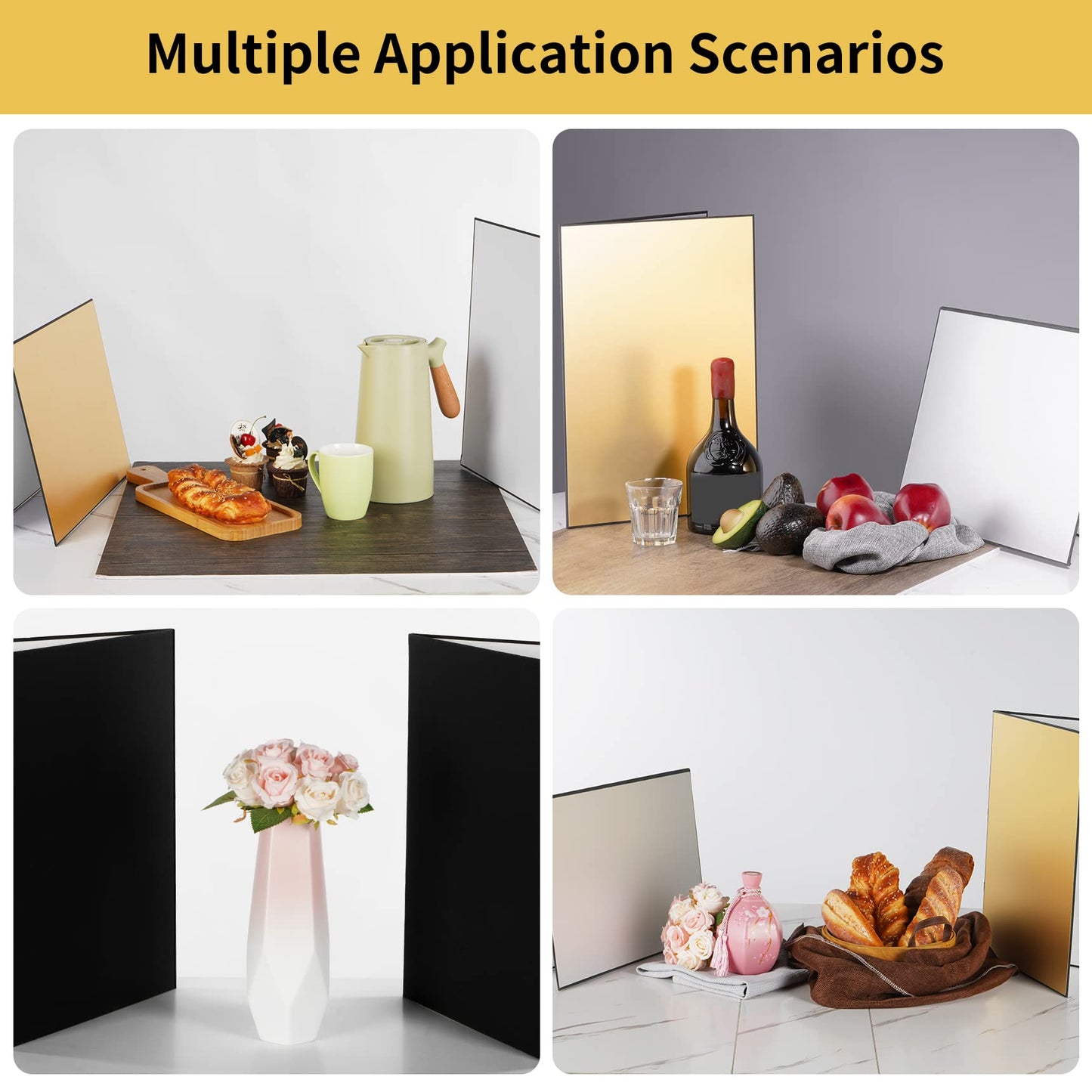 Meking - Reflector de luz 3 en 1 de cartón para fotografía, diseño de estudio de fotografía plegable de 17 x 12 pulgadas, color dorado, plateado y negro, blanco, paquete de 2