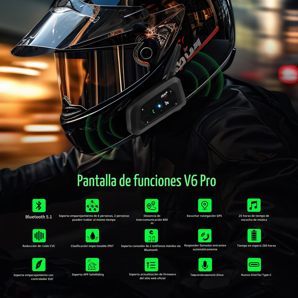 Casco de Motocicleta EJEAS Bluetooth 1200 m Intercomunicador para Esquí y Off Road (2 Unidades)