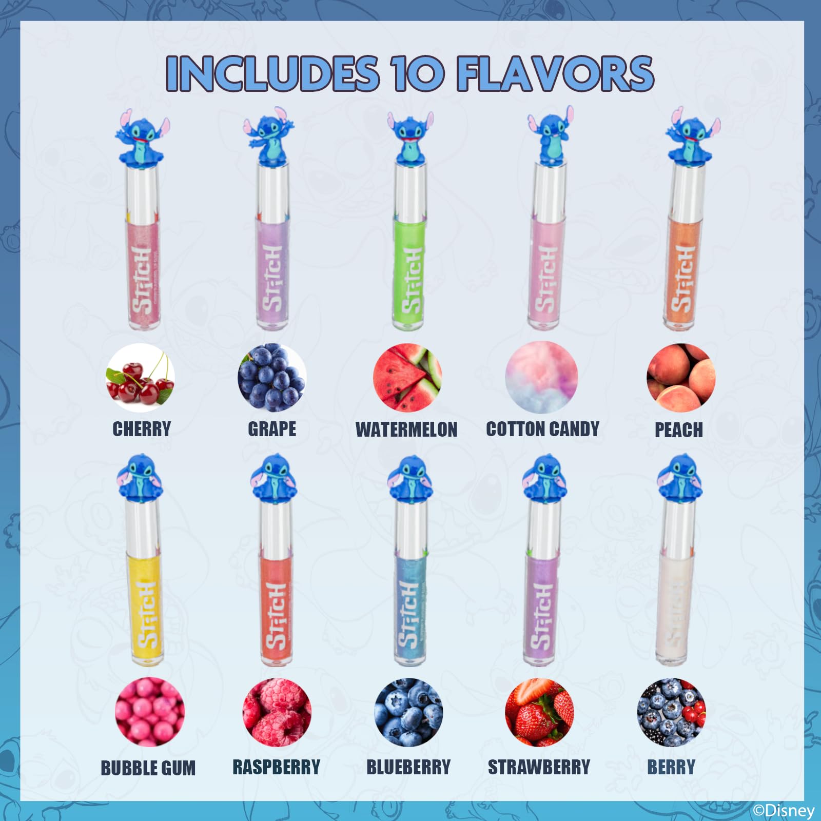 Stitch 10 unidades de brillo para labios de a base de plantas, primer set de maquillaje para niñas, perfecto para fiestas, pijamadas y regalos de cumpleaños, para mayores de 3 años, de Townley Girl