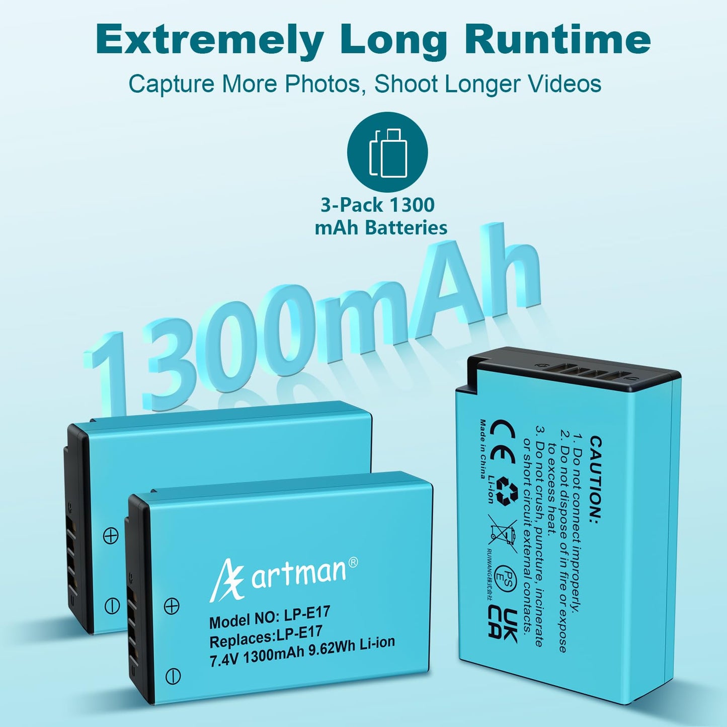 Artman Pack de 3 Baterías LP-E17 1300mAh y Cargador LCD de 3 Canales para Canon EOS RP R10 R8 R50 Rebel T6i T7i T8i T6s SL2 SL3 EOS M3 M5 M6 200D 77D 750D 760D 800D 8000D Kiss X8i Cámara
