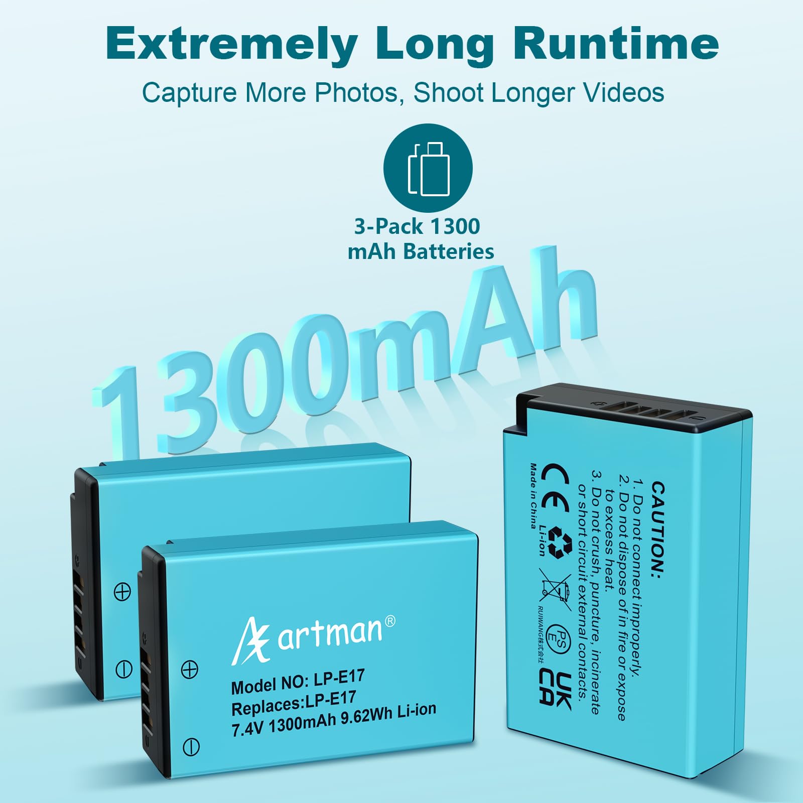 Artman Pack de 3 Baterías LP-E17 1300mAh y Cargador LCD de 3 Canales para Canon EOS RP R10 R8 R50 Rebel T6i T7i T8i T6s SL2 SL3 EOS M3 M5 M6 200D 77D 750D 760D 800D 8000D Kiss X8i Cámara
