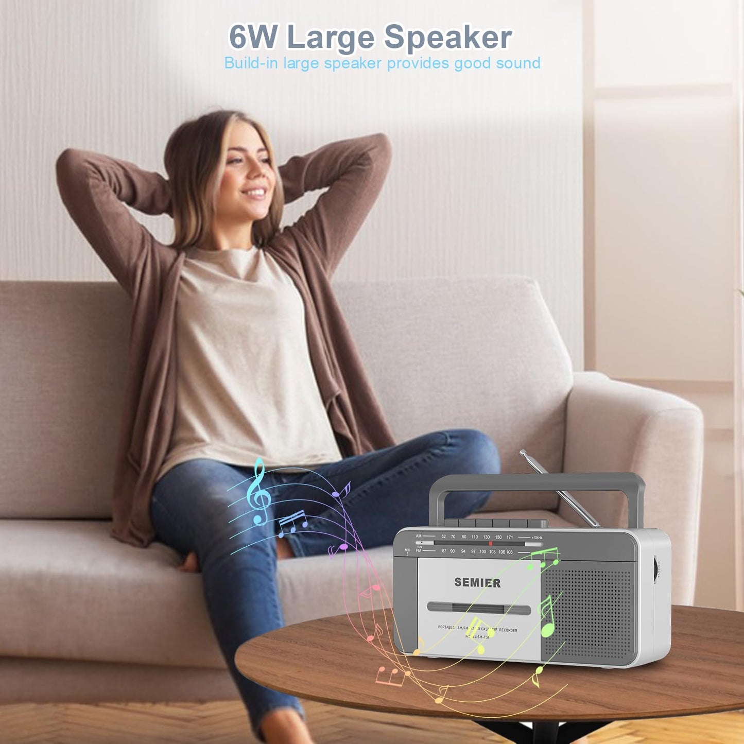 Reproductor de Casete Retro SEMIER Estéreo AM/FM Portátil con Altavoz 6W y Conector de Auriculares