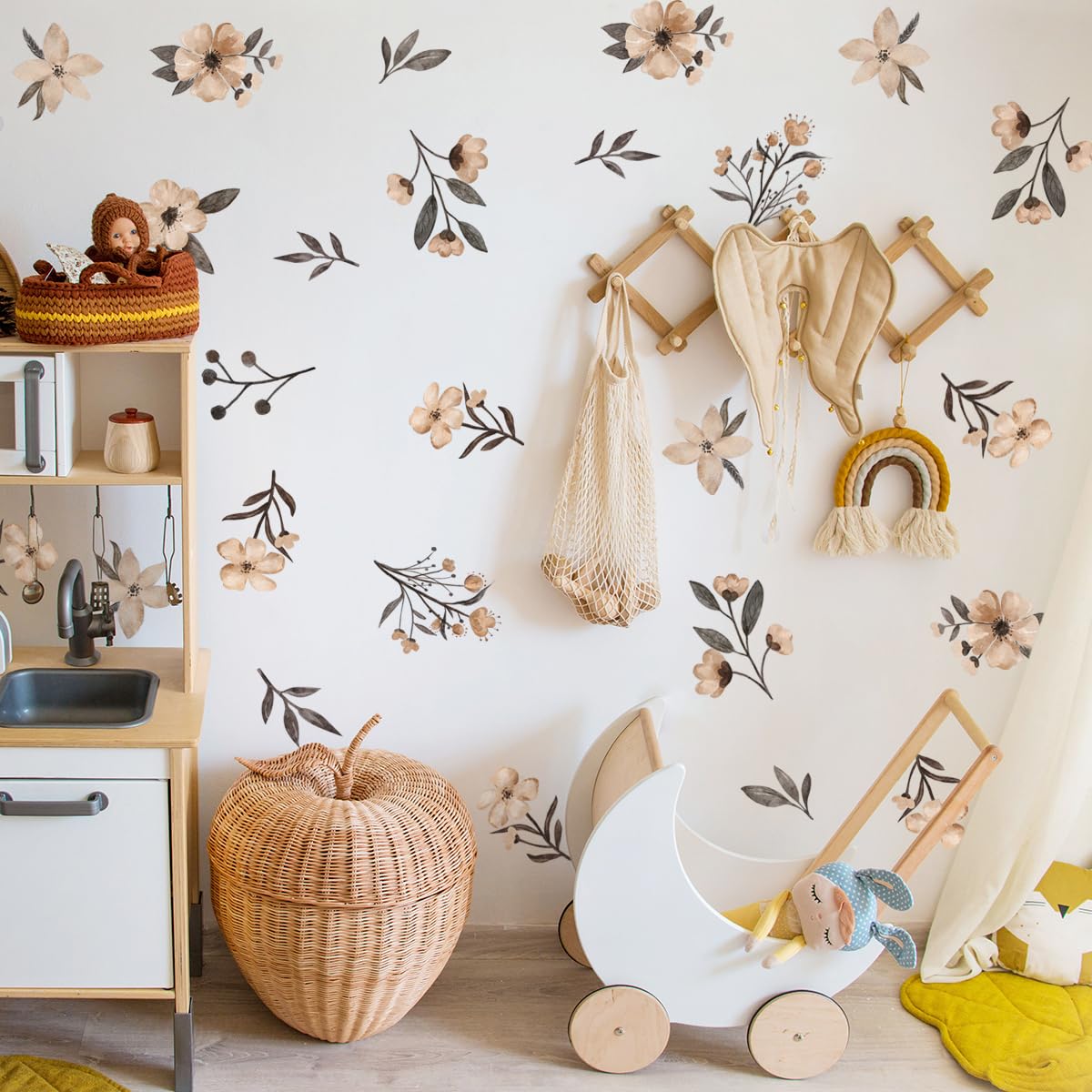 Calcomanías de pared de flores bohemias – Arte de pared de flores silvestres en acuarela, decoración de habitación para niñas y niños
