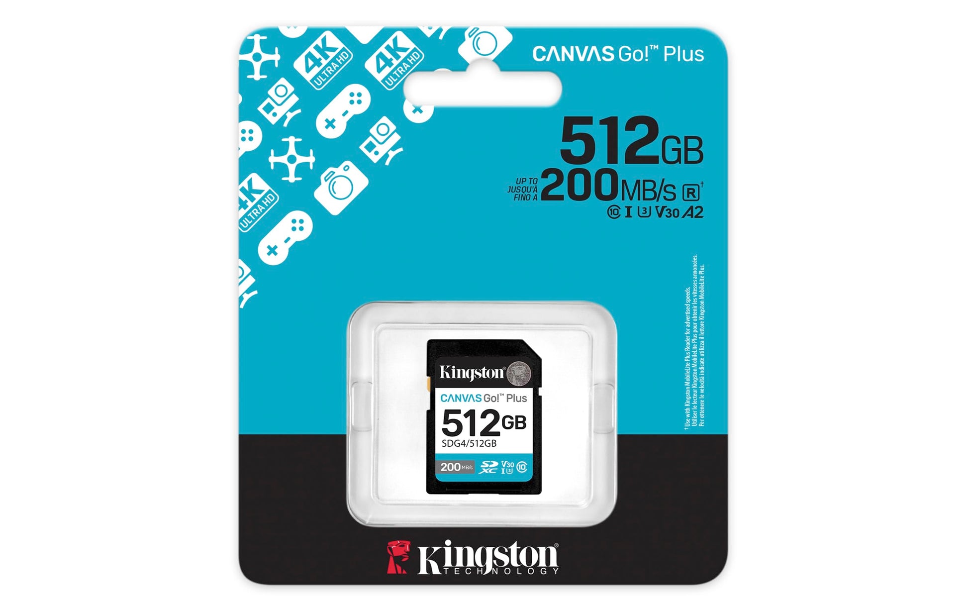 Kingston Tarjeta De Memoria SD, Canvas Go Plus Gen4, Capacidad: 512GB, 4K, Clase 10, UHS-I, U3, V30, Lectura: 200MB/s y Escritura: 160MB/s, SKU: SDG4/512GB