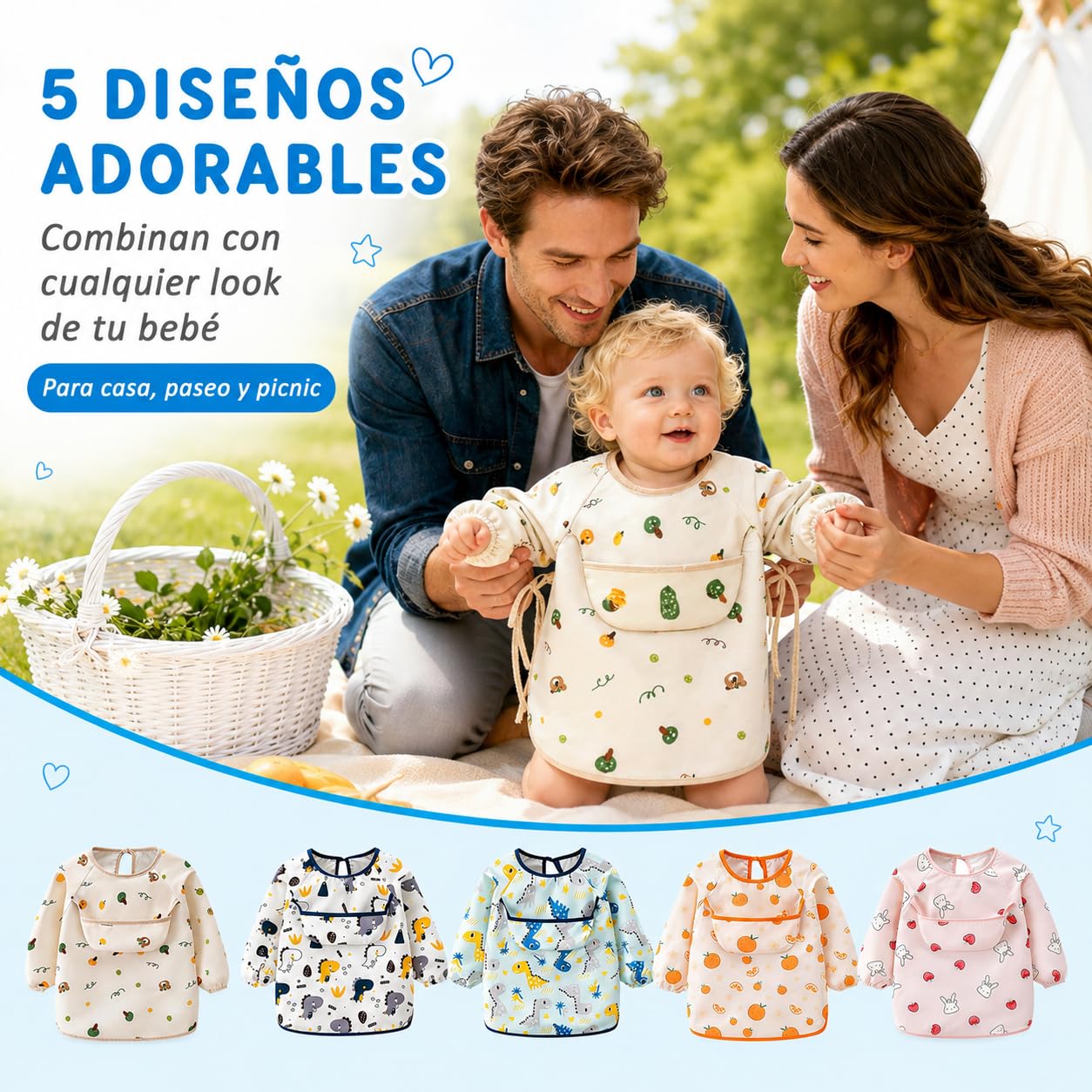 5PCS Baberos Para Bebe Unisex Niños, Baberos para bebe impermeable con Manga Larga, Suave Para La Piel, Transpirable Y Lavable A Máquina, para Niños De 6 Meses A 6 Años, Ideal Para Comer Y Dibujar