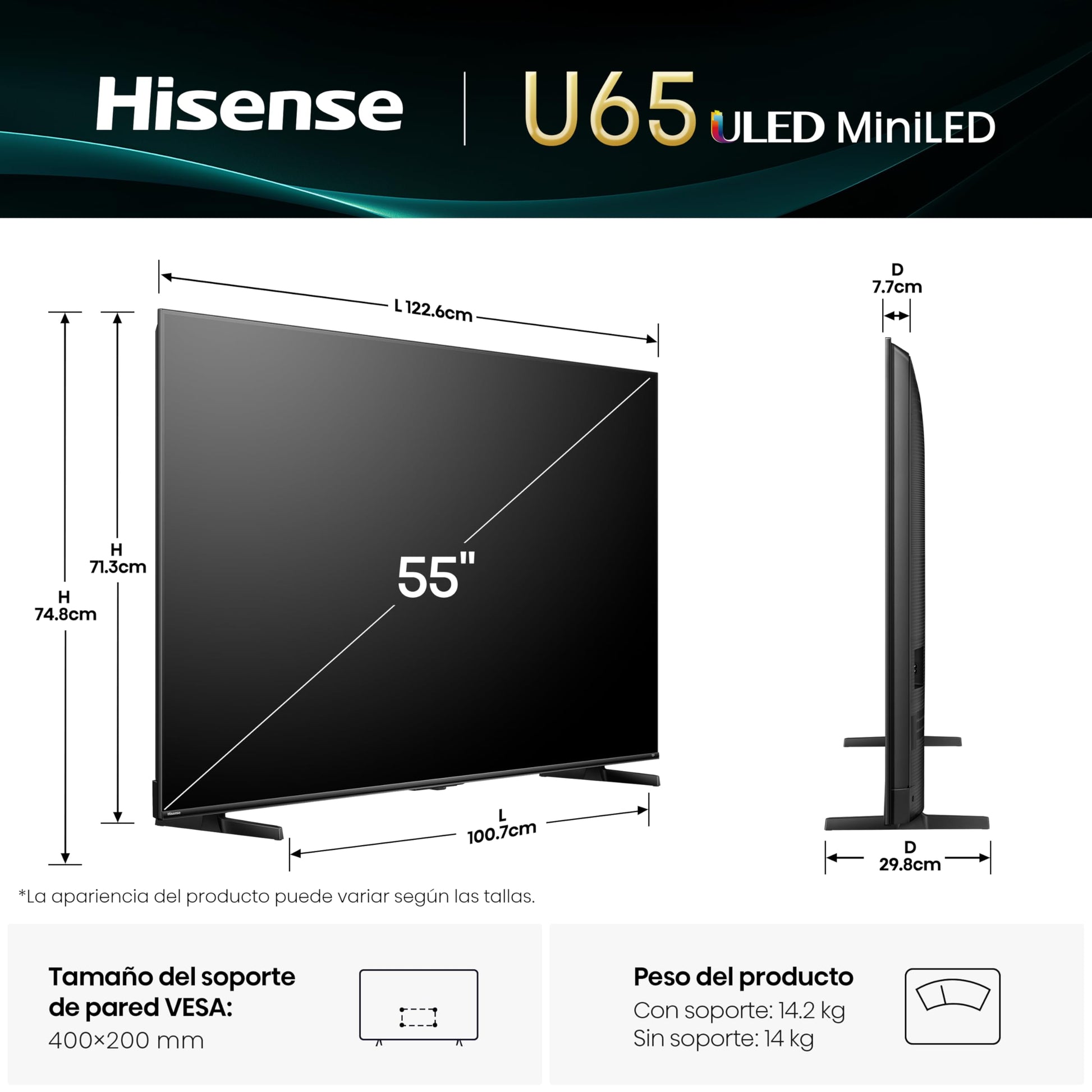Hisense Television U65QFM (Modelo 2025) Pantalla 55 Pulgadas,Mini-LED Smart Fire TV UHD 4K,Control Remoto por Voz con Alexa,Modo de Juego Pro de 144 Hz,Hi-View AI Engine, mira TV en Vivo sin Cable
