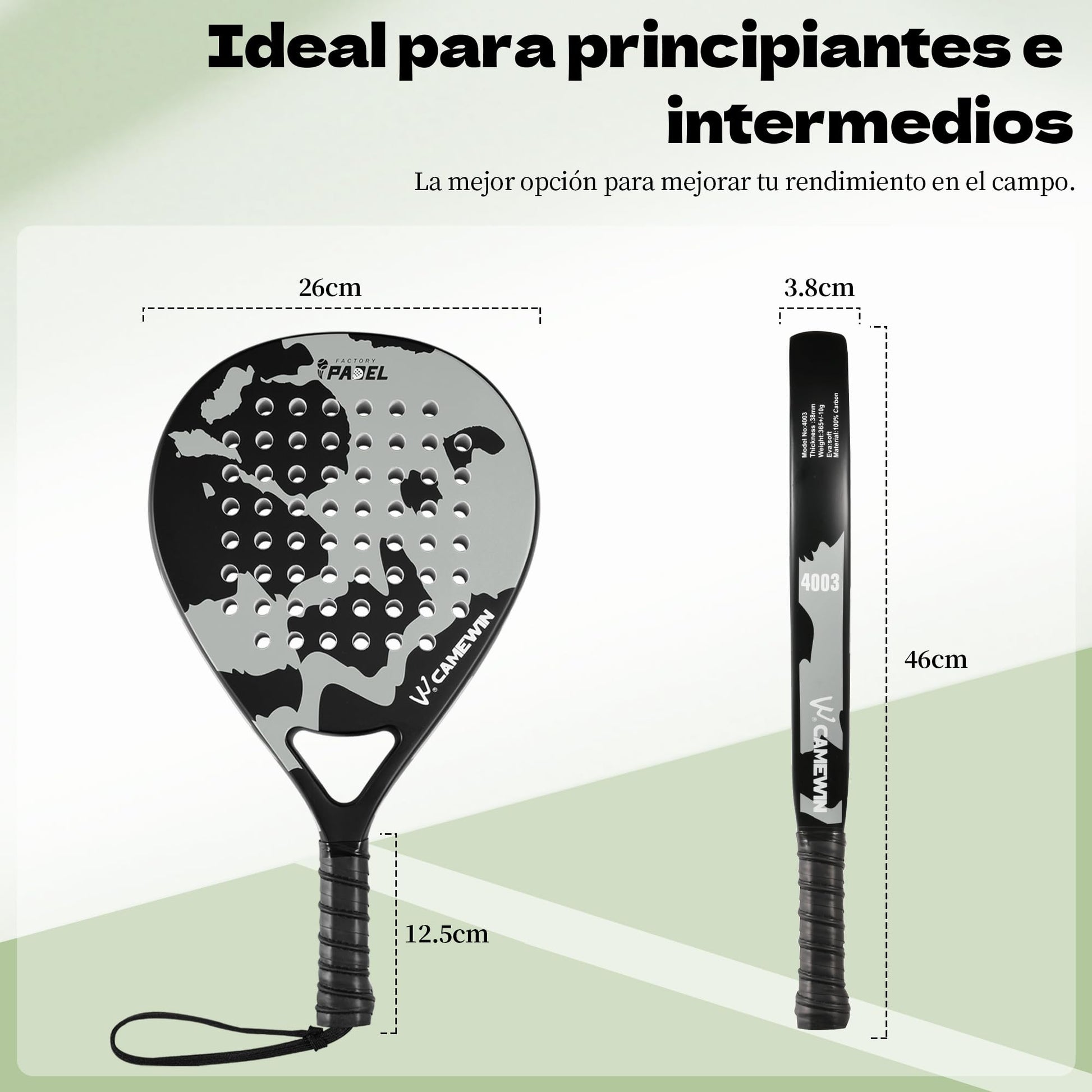Camewin Raquetas de Pádel, Set de 2 Palas de Pádel 100% Fibra de Carbono con Fundas, 4 Grips y 2 Muñequeras, para Principiantes e Intermedios, pensada en Proteger la Raqueta Padel.