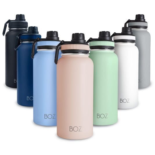 BOZ Botella de agua de acero inoxidable, termo de acero inoxidable 1 litro XL (1 L / 34 oz) boca ancha, sin BPA, aislamiento de doble pared al vacío (Rosa Blush)