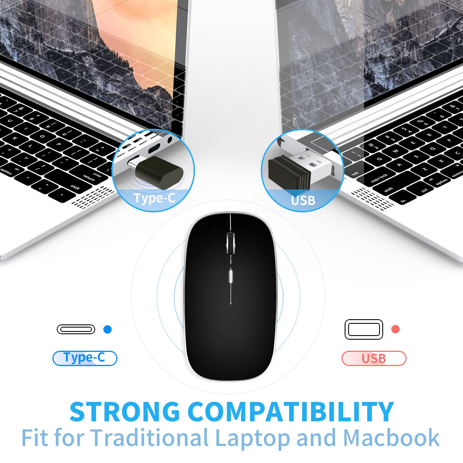 Leolee Mouse Inalámbrico, Ratón Inalámbrico Recargable, Mouse Wireless con 2.4G, óptico Silencioso Click, Receptor USB y Tipo-c Adaptador 3 Ajustable dpi para Computadora, Portátil, PC, Mac (Negro)