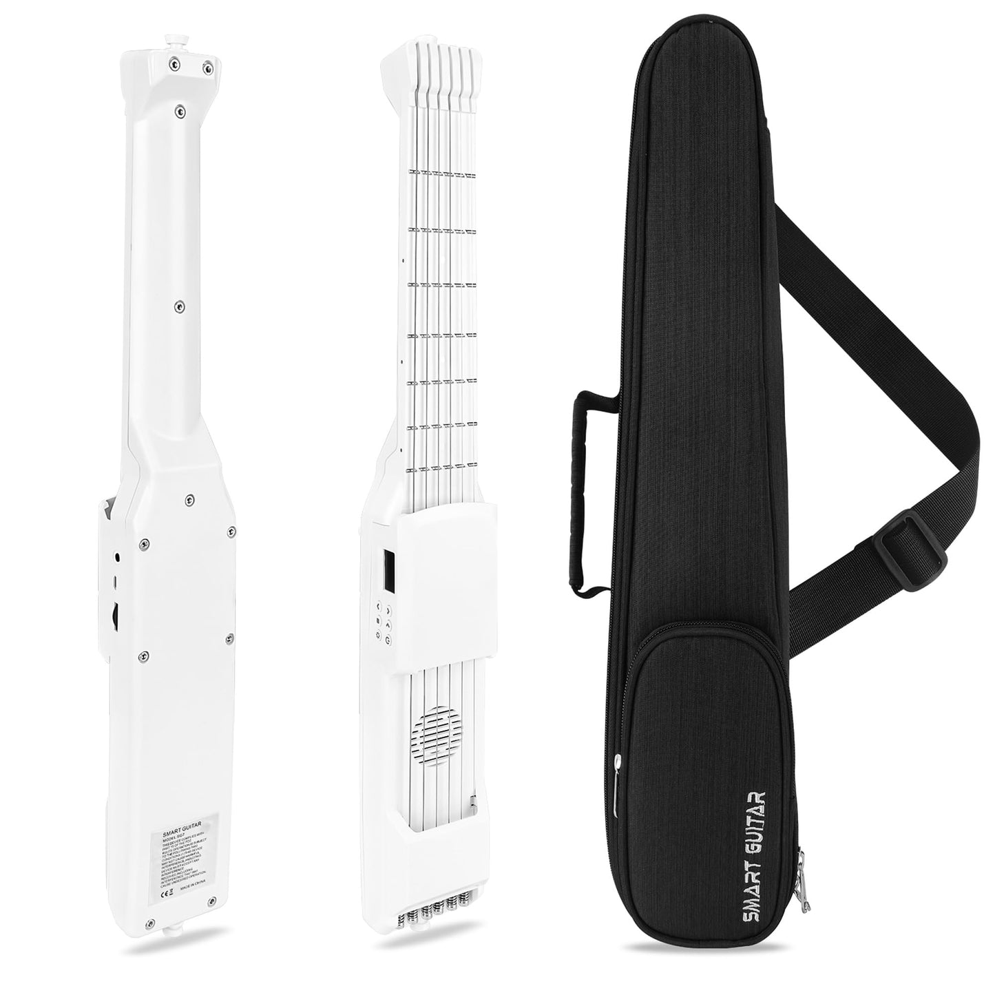 PEFEEL - Guitarra eléctrica acústica inteligente con carga USB, bolsillo para guitarra de viaje, guitarra de acorde portátil, cuello de guitarra para entrenador, principiante, AI LCD (blanco)