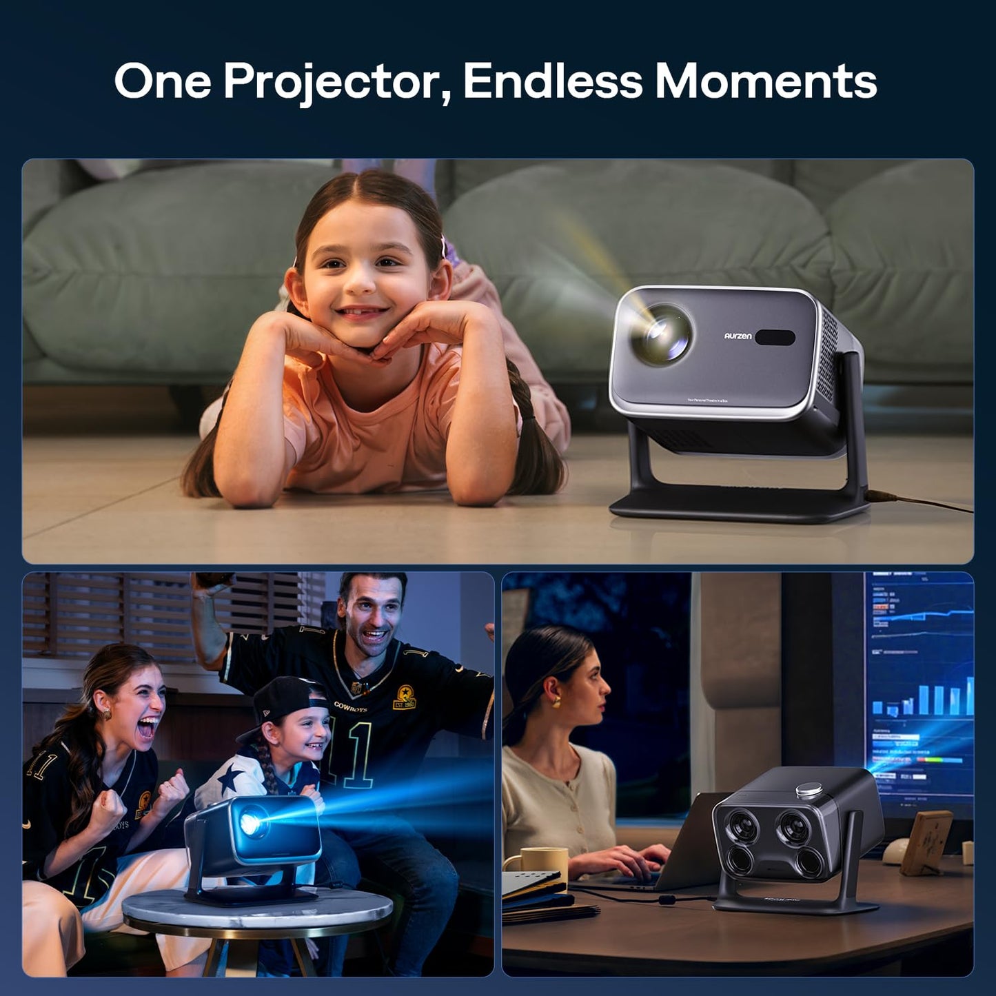 Aurzen BOOM Mini proyector inteligente para Google TV para exteriores con WiFi y Bluetooth, control de voz, modo familiar, audio Dolby de 20 W, enfoque en tiempo real, proyector de película compatible