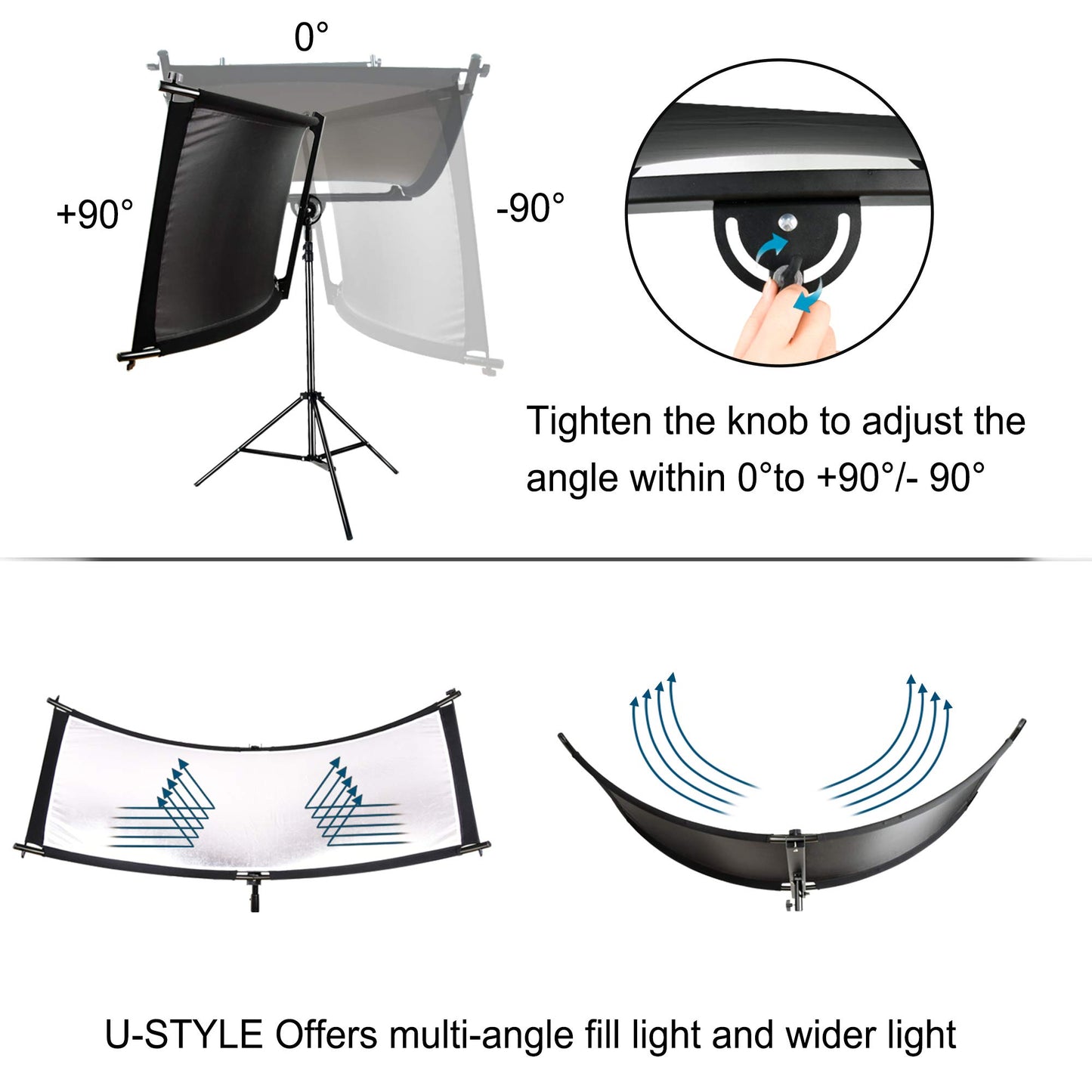 FUDESY Reflector/difusor de luz de concha, reflector curvado de iluminación de fotografía de 170.18 x 60.96 cm, para fotografía y estudio de fotos, con reflectores negro/plateado/blanco/dorado, bolsa