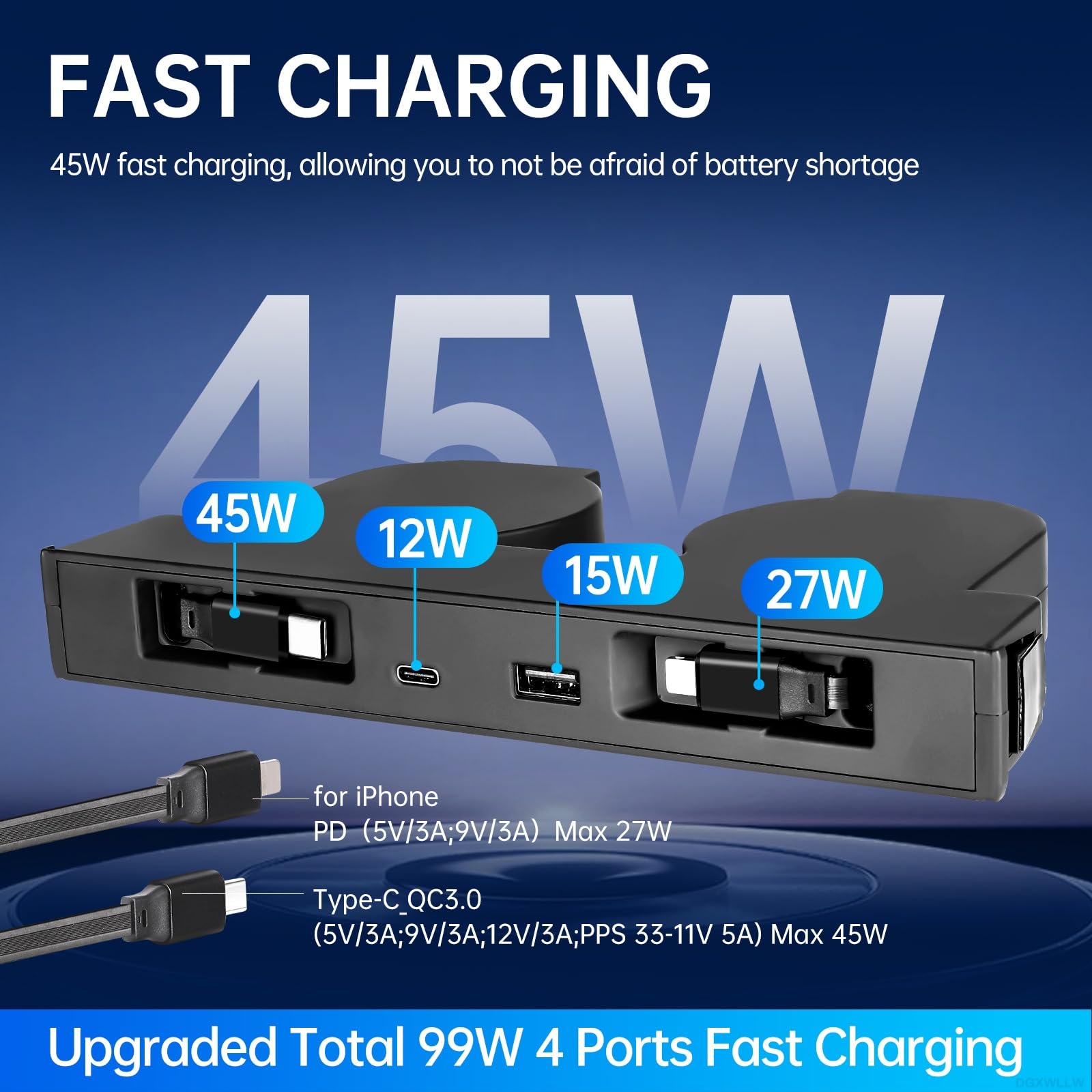 DGXWLLW Hub USB para Tesla Model Y Juniper 2025 2026 Modelo 3 Highland 2024 2025 con diseño hundido, 99W 4 en 1 Multi puertos Cargador rápido con cable retráctil estación de acoplamiento adaptador de