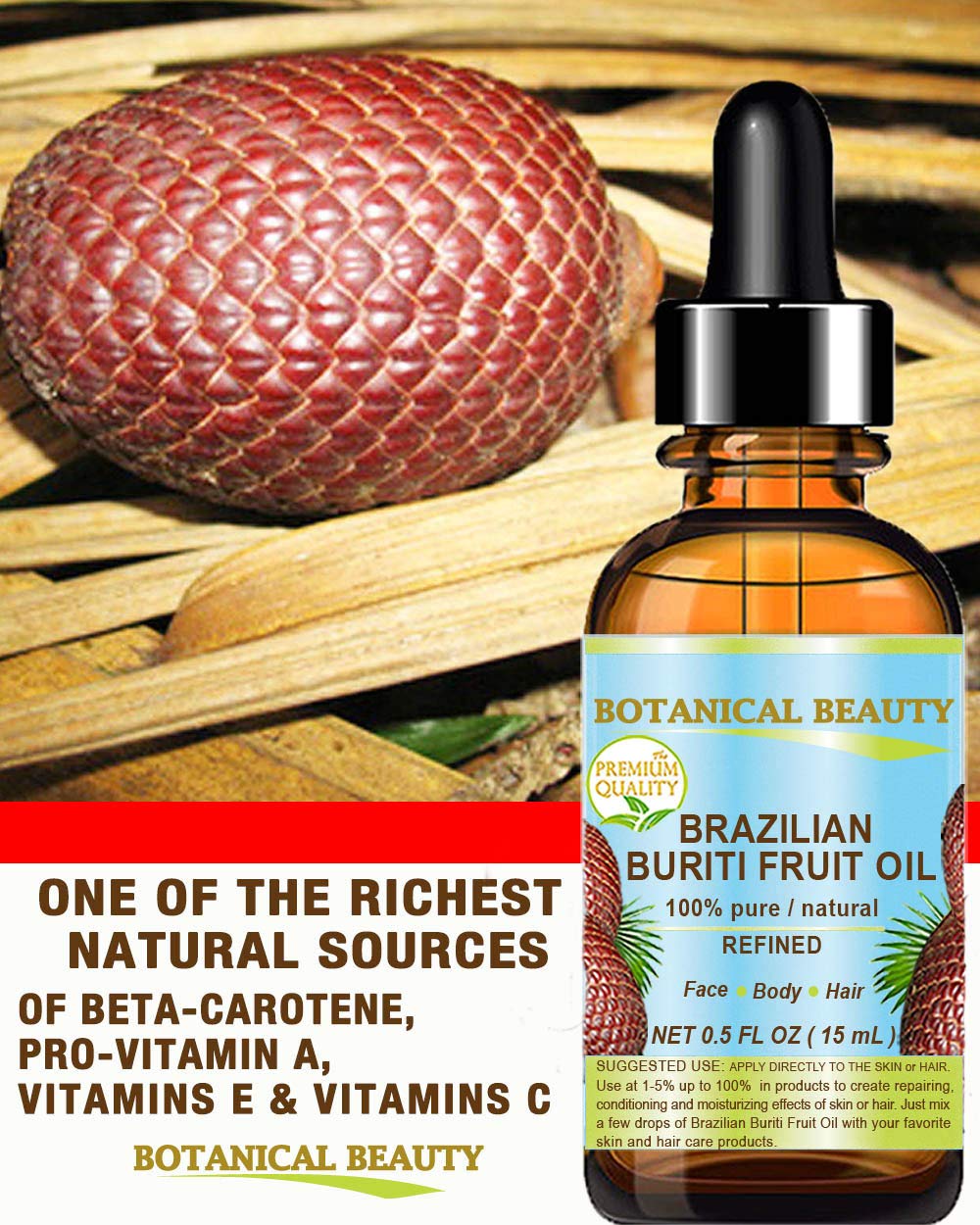 Brazilian BURITI FRUIT OIL 100% Pure / Natural / Cold Pressed Carrier Oil / Undiluted. For Face, Body, Hair, Lip and Nail Care. â€œOne the richest natural sources of vitamin A, E and C.â€ From the Amazon Rainforest. (1 fl.oz-30ml.)